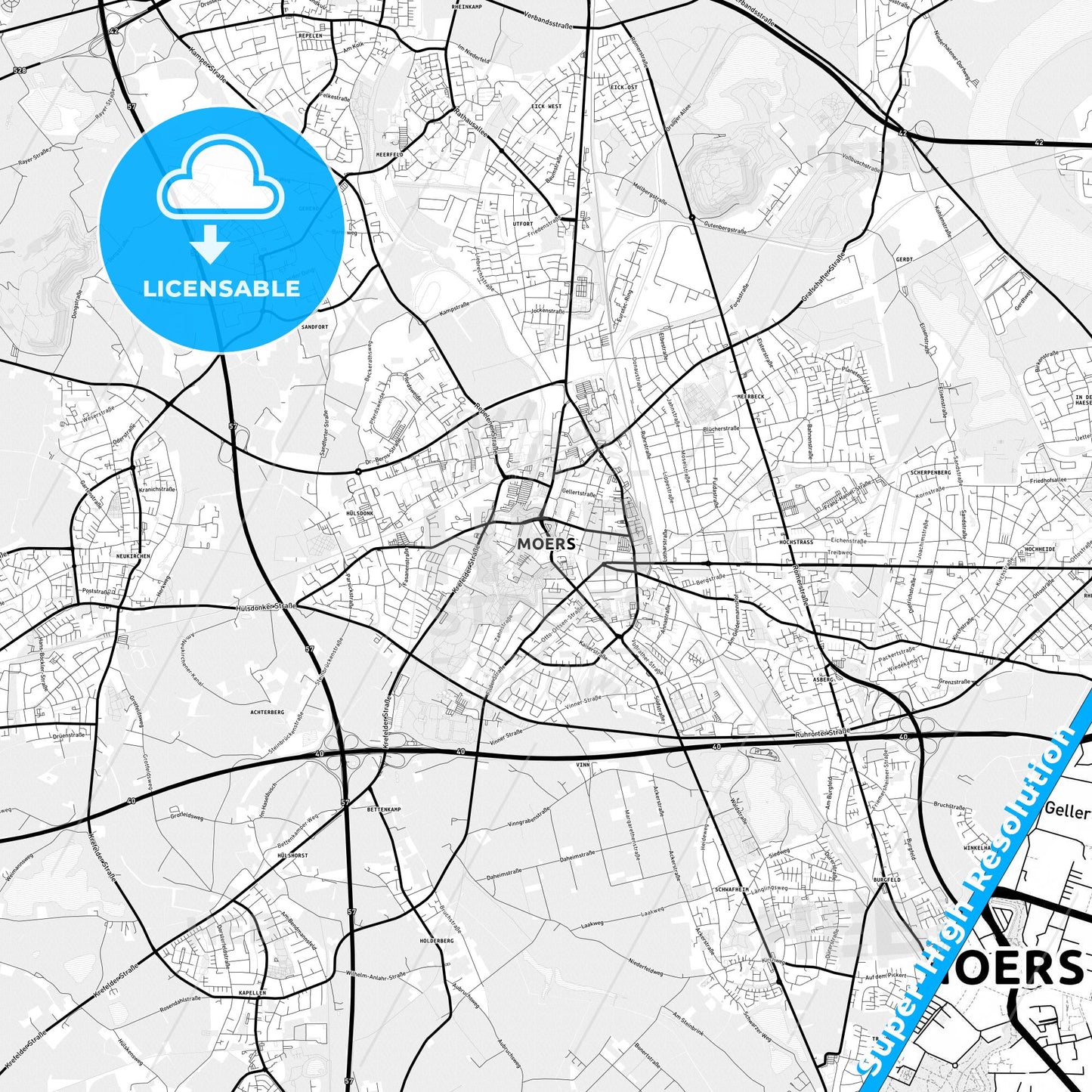 Moers, Germany Light Map with Street Names, City Names, and Districts