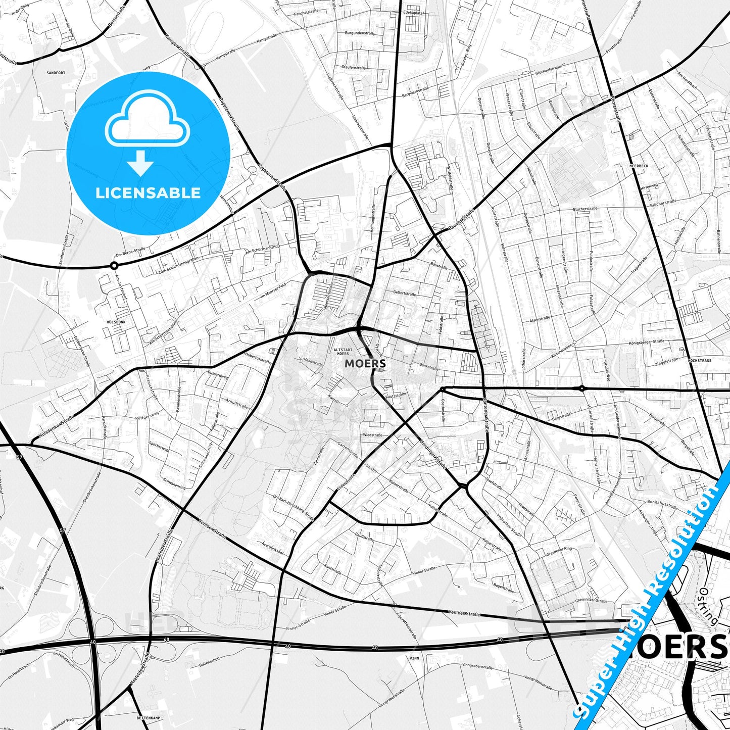 Moers, Germany Light Map with Street Names, City Names, and Districts