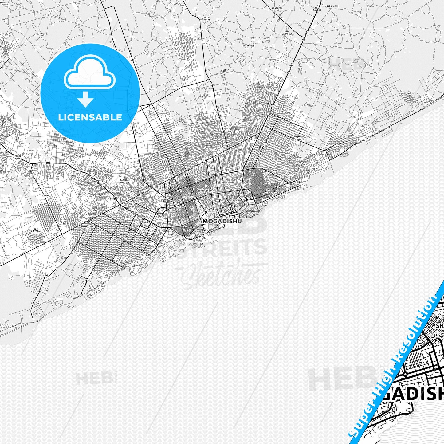 Mogadishu, Somalia light map with streetnames, citynames and districts