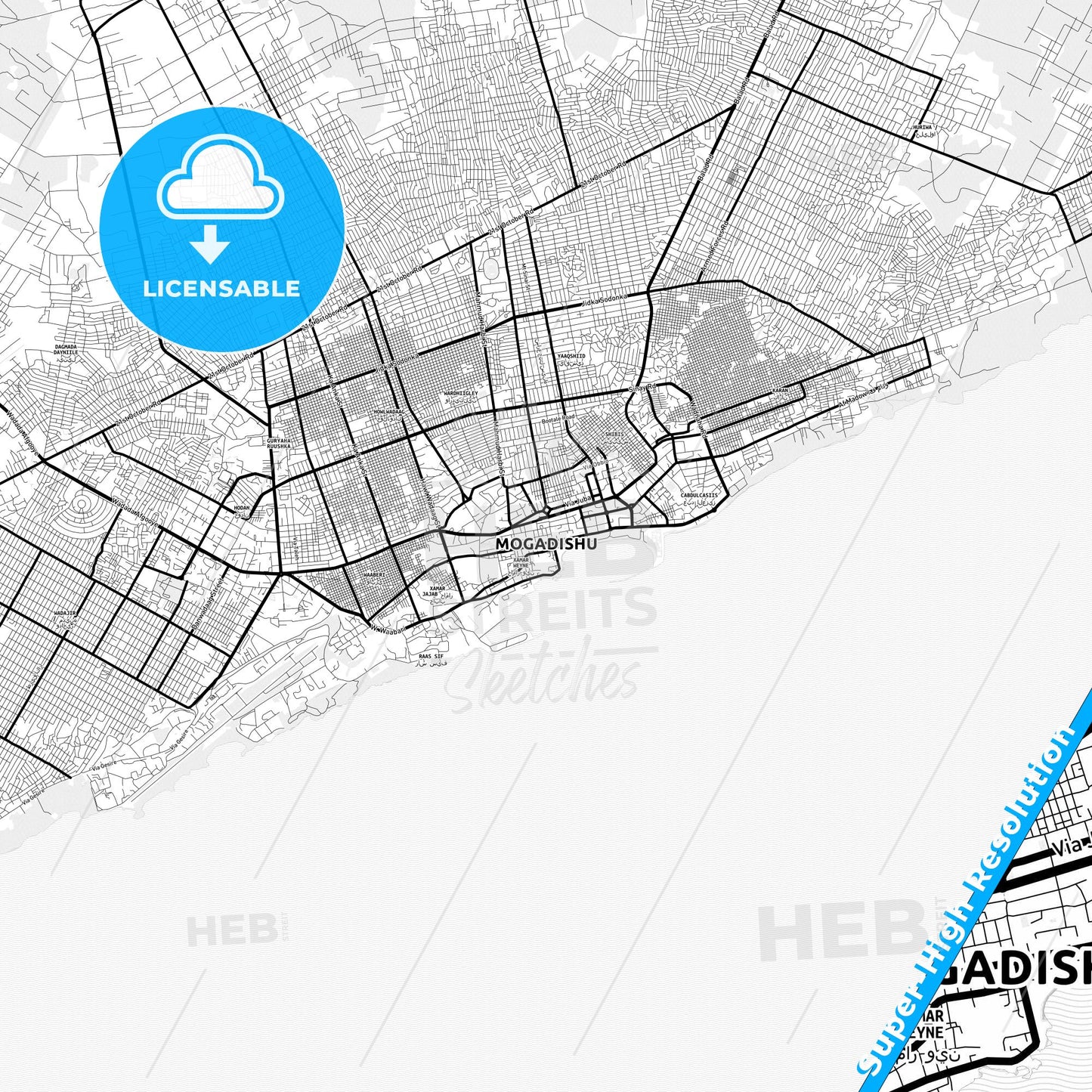 Mogadishu, Somalia Light Map with Street Names, City Names, and Districts