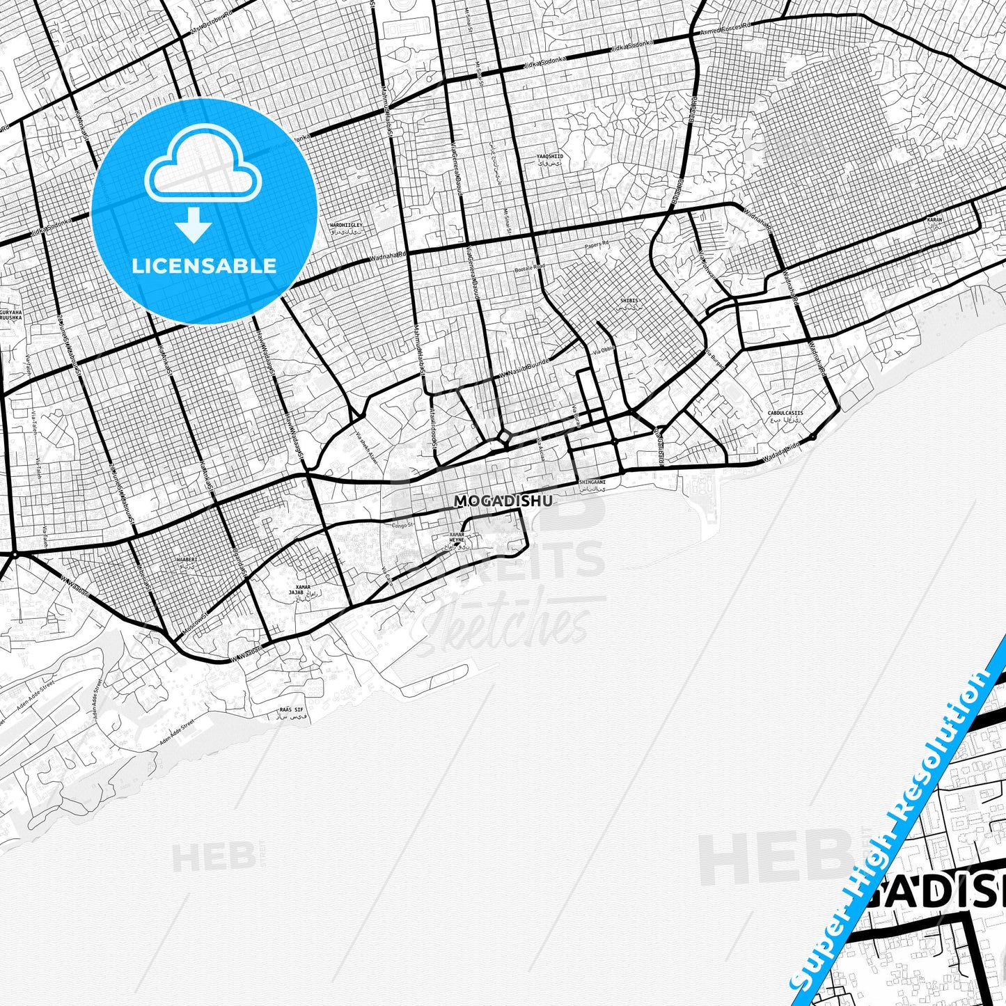 Mogadishu, Somalia Light Map with Street Names, City Names, and Districts