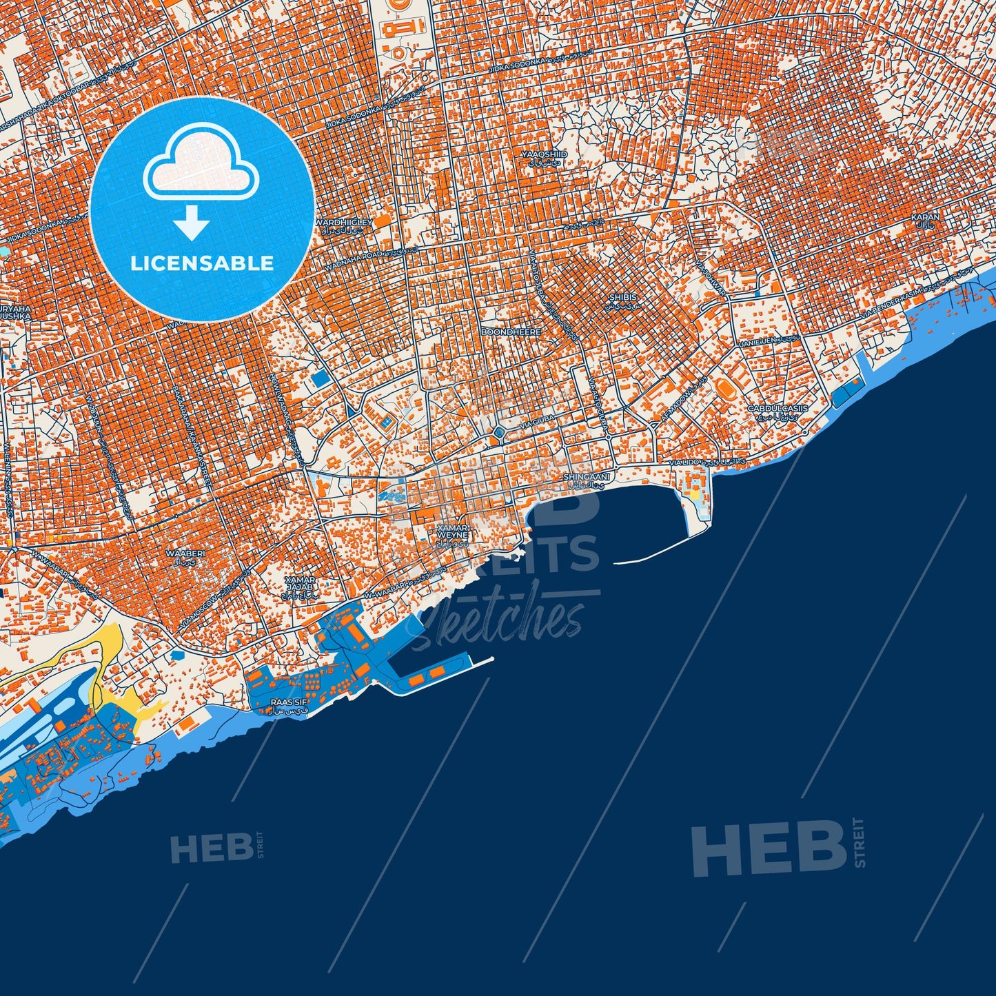 Colorful Mogadishu Street Map with Labels and Buildings