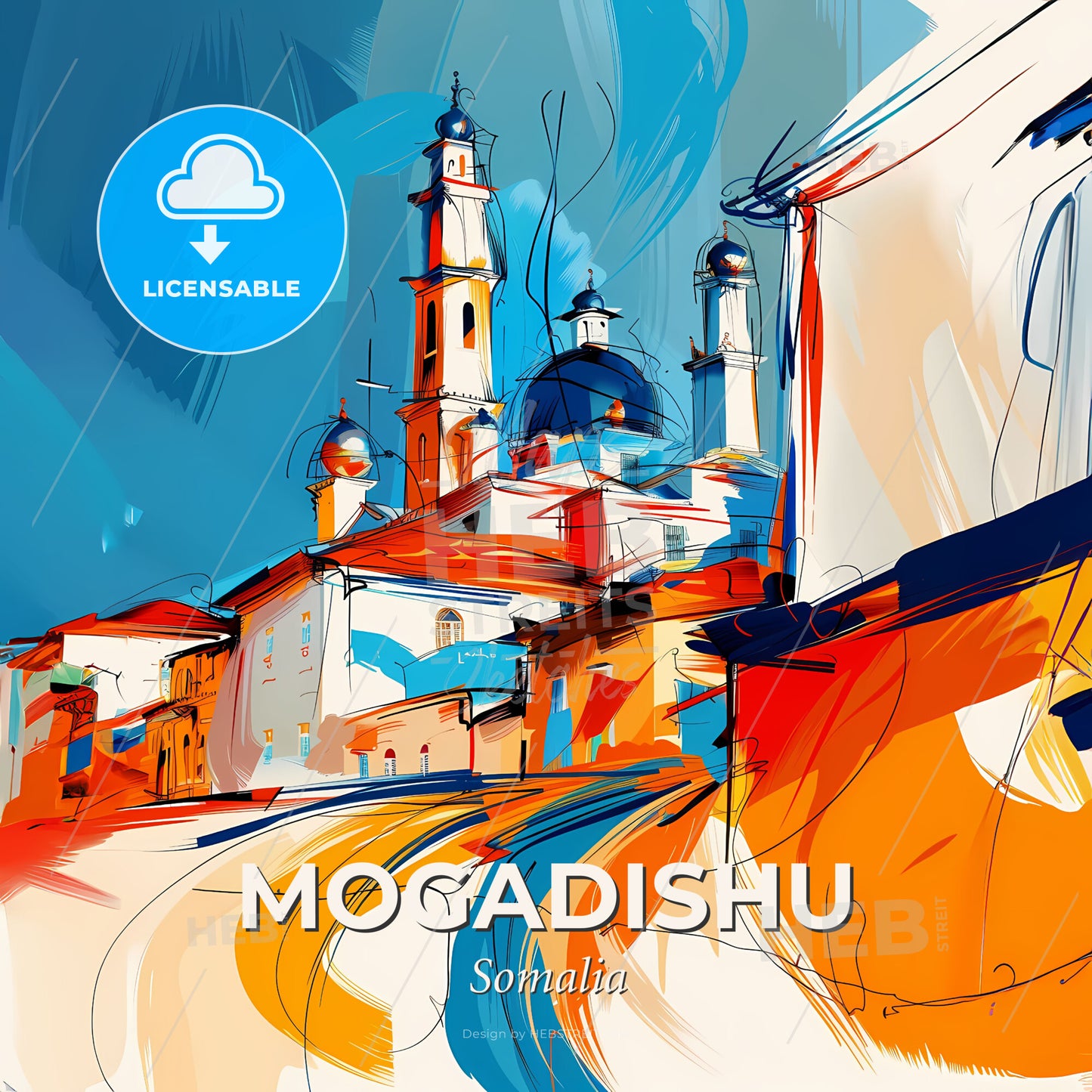Vibrant Mogadishu, Somalia - A Painting Of A Building With Towers - Square format print template