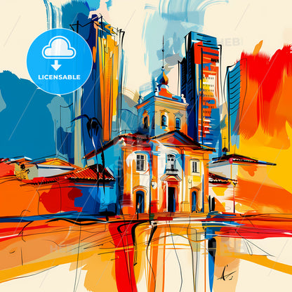 Vibrant Mogi Das Cruzes, Brazil - A Painting Of A Building With Tall Buildings In The Background