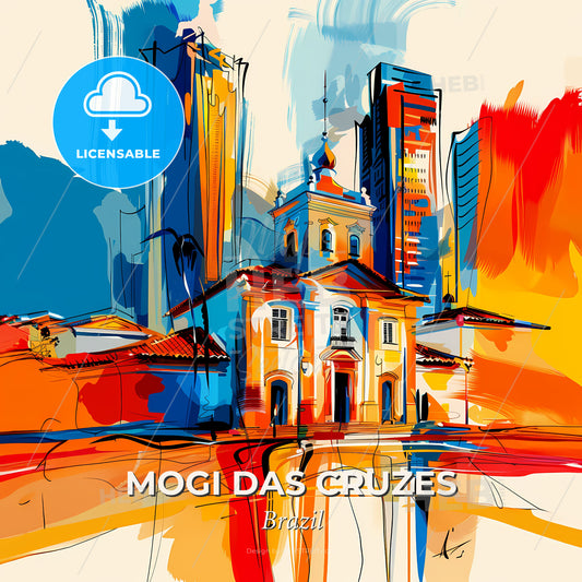 Vibrant Mogi Das Cruzes, Brazil - A Painting Of A Building With Tall Buildings In The Background - Square format print template