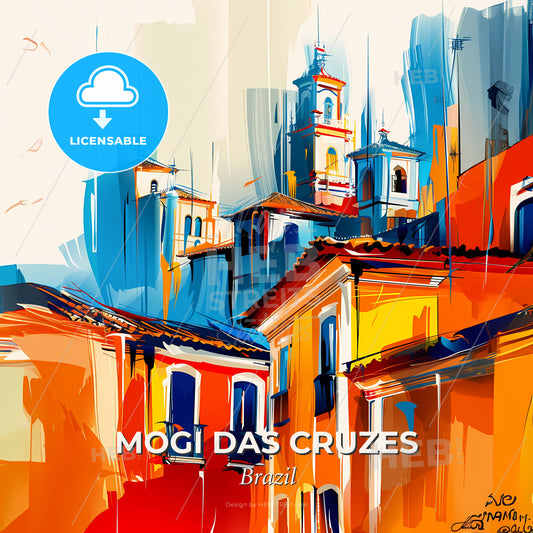 Vibrant Mogi Das Cruzes, Brazil - A Painting Of Buildings And A Tower - Square format print template