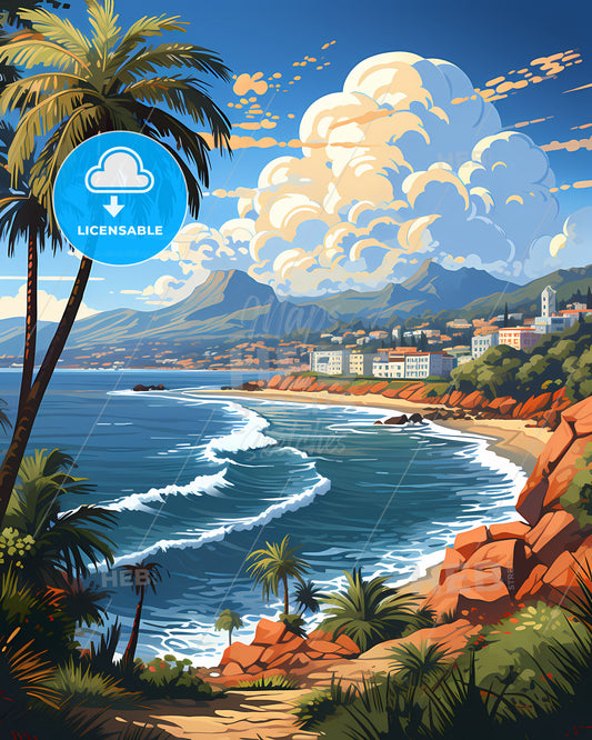 Vibrant Painting of Mogi das Cruzes Brazil Skyline with Beach Palm Trees Mountains