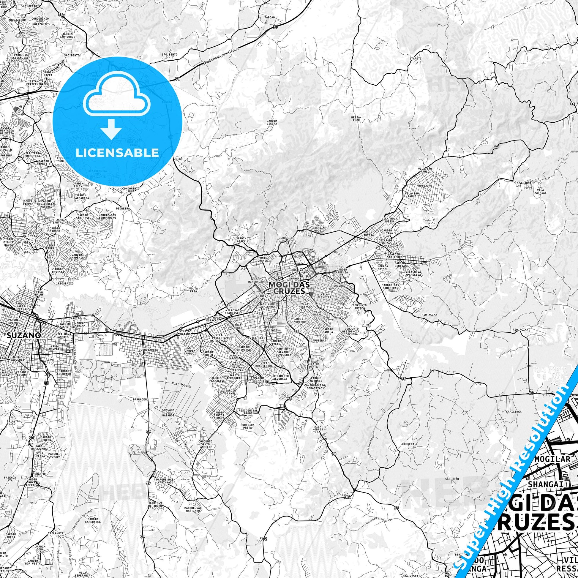 Mogi das Cruzes, Brazil light map with streetnames, citynames and districts
