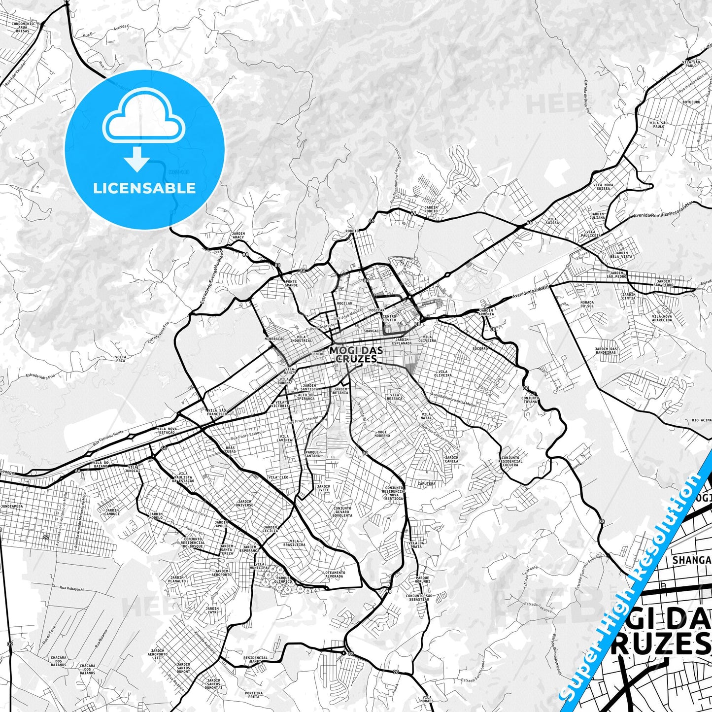 Mogi das Cruzes, Brazil Light Map with Street Names, City Names, and Districts