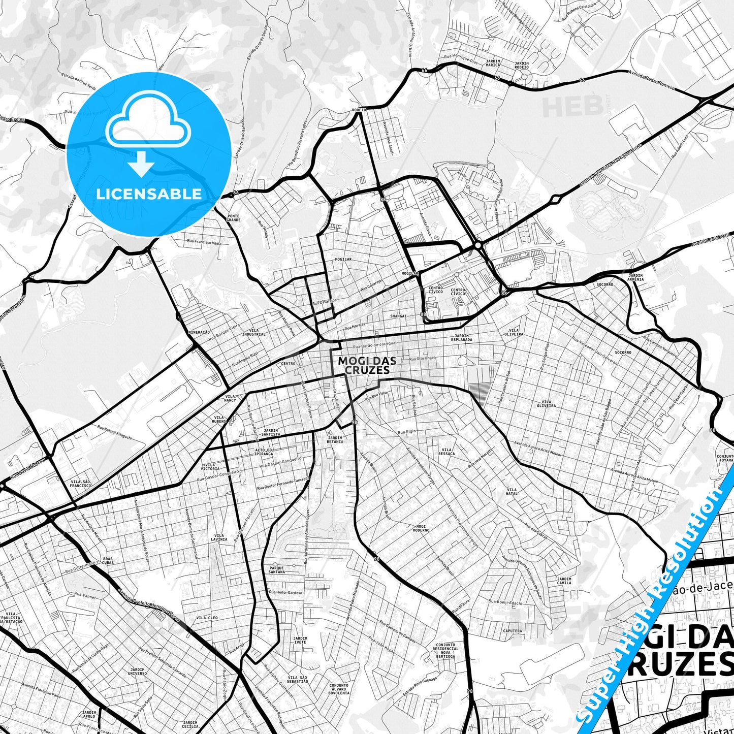 Mogi das Cruzes, Brazil Light Map with Street Names, City Names, and Districts