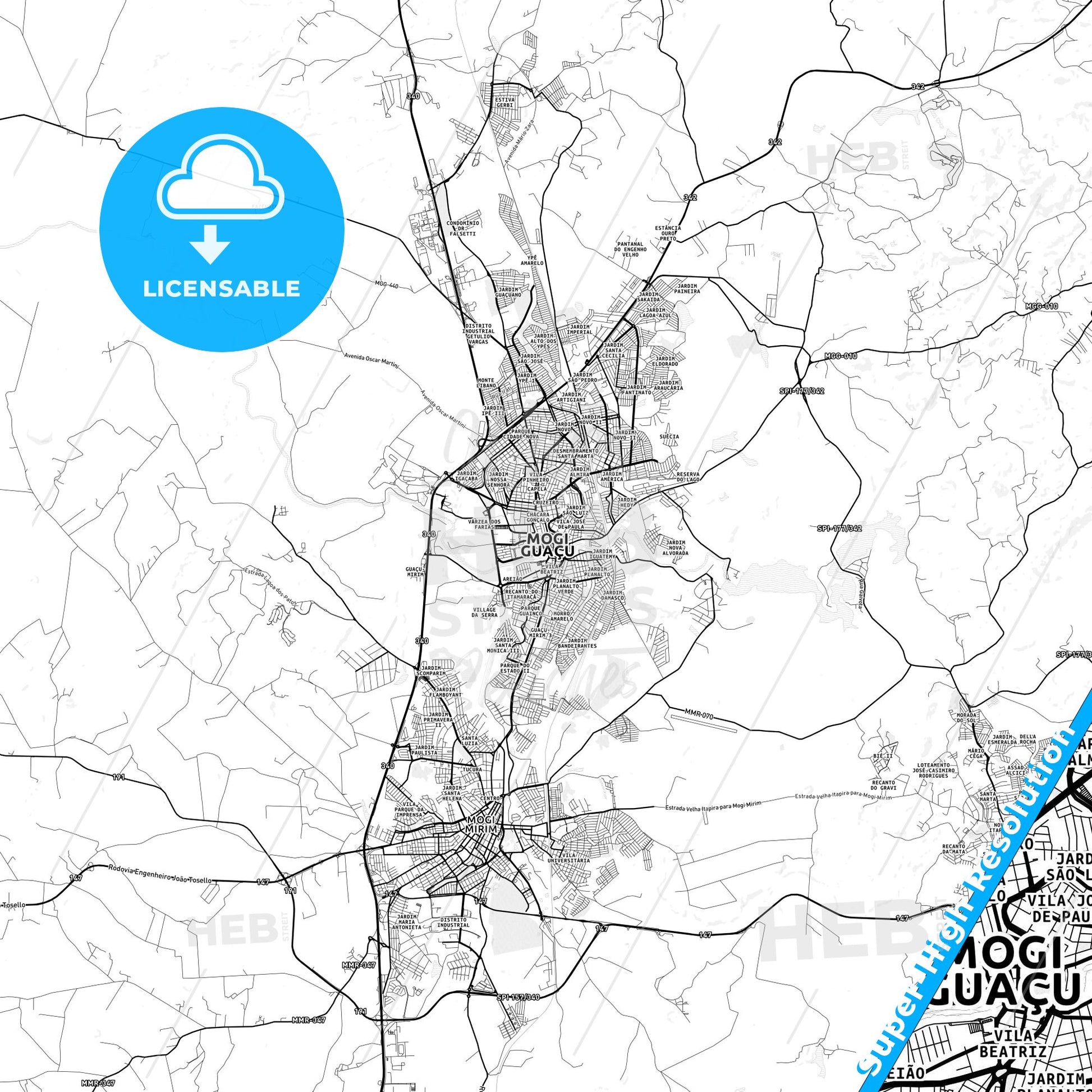 Mogi Guacu, Brazil light map with streetnames, citynames and districts