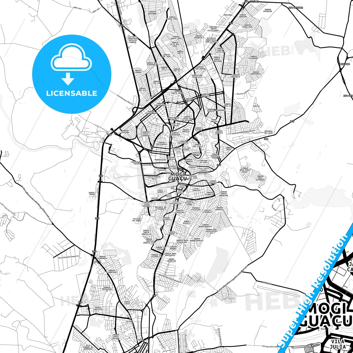Mogi Guacu, Brazil Light Map with Street Names, City Names, and Districts