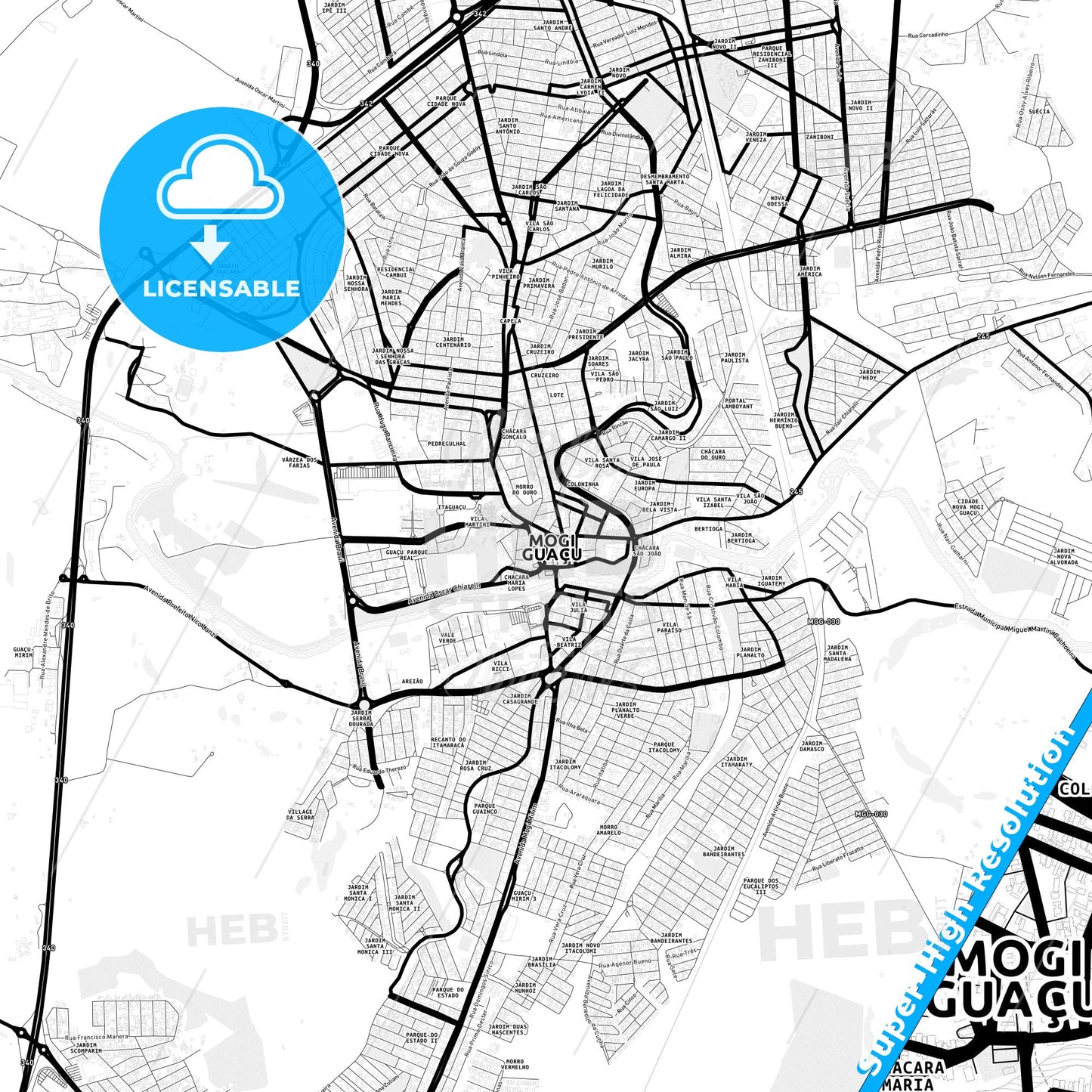 Mogi Guacu, Brazil Light Map with Street Names, City Names, and Districts