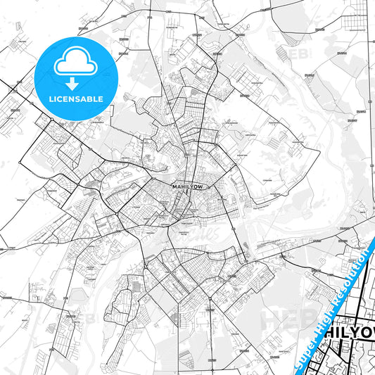 Mogilev, Belarus light map with streetnames, citynames and districts