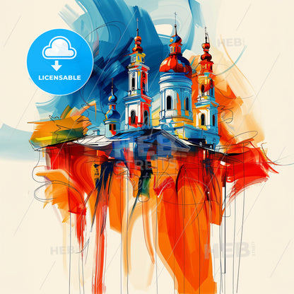 Vibrant Могілеў, Belarus - A Painting Of A Building With Towers And A Colorful Background