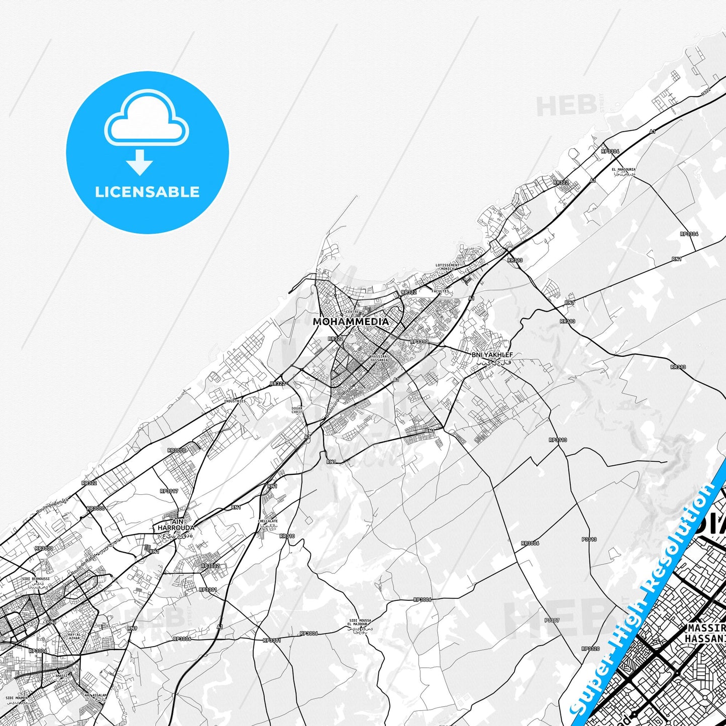 Mohammedia, Morocco light map with streetnames, citynames and districts