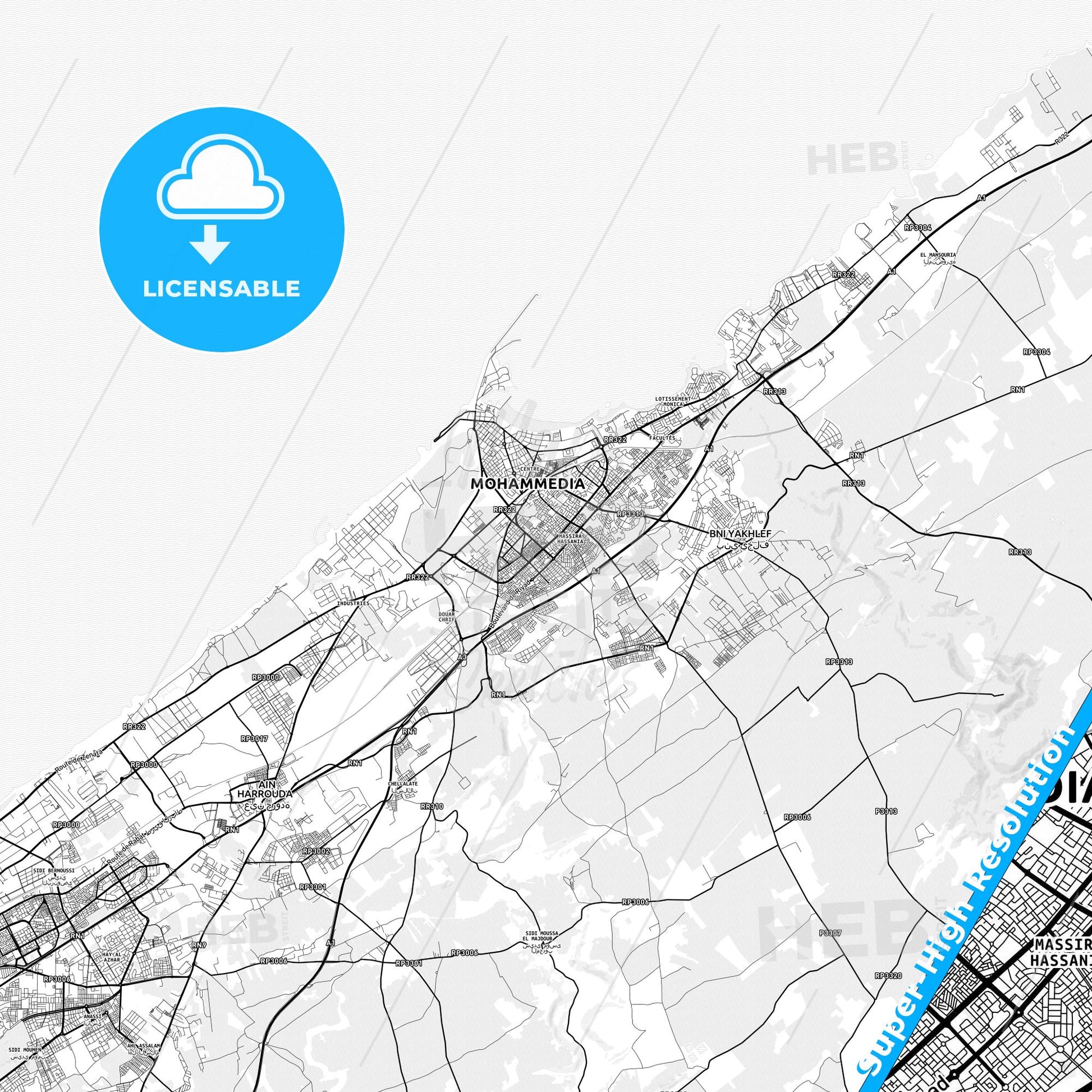 Mohammedia, Morocco light map with streetnames, citynames and districts