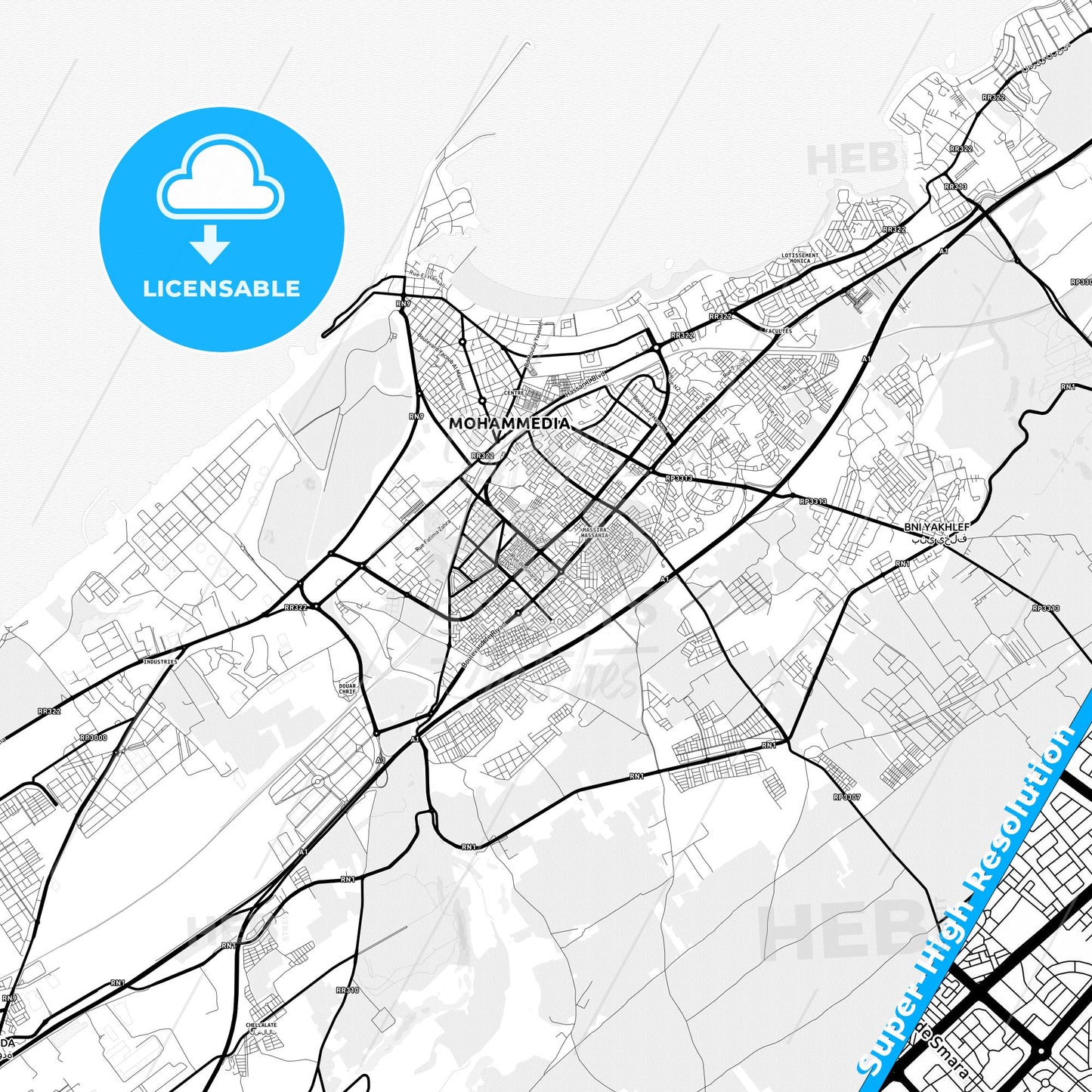 Mohammedia, Morocco Light Map with Street Names, City Names, and Districts