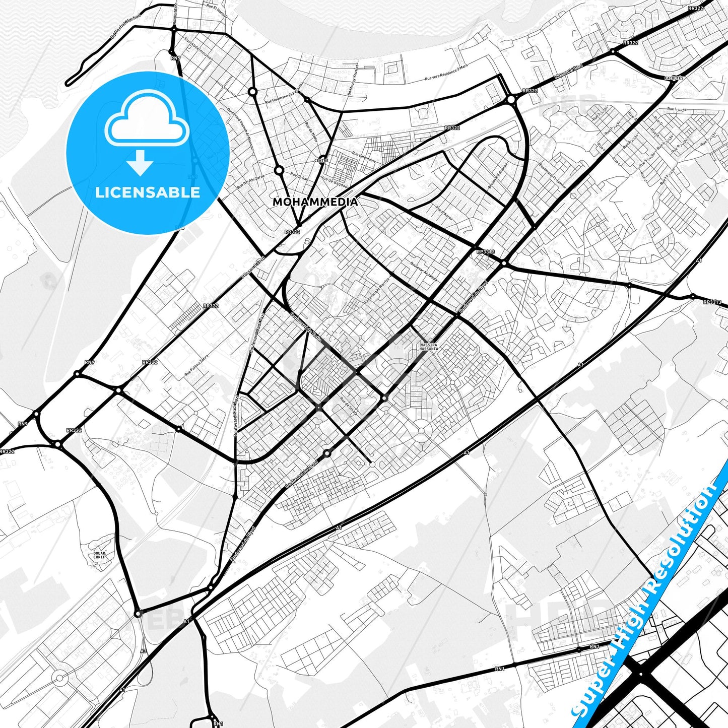Mohammedia, Morocco Light Map with Street Names, City Names, and Districts