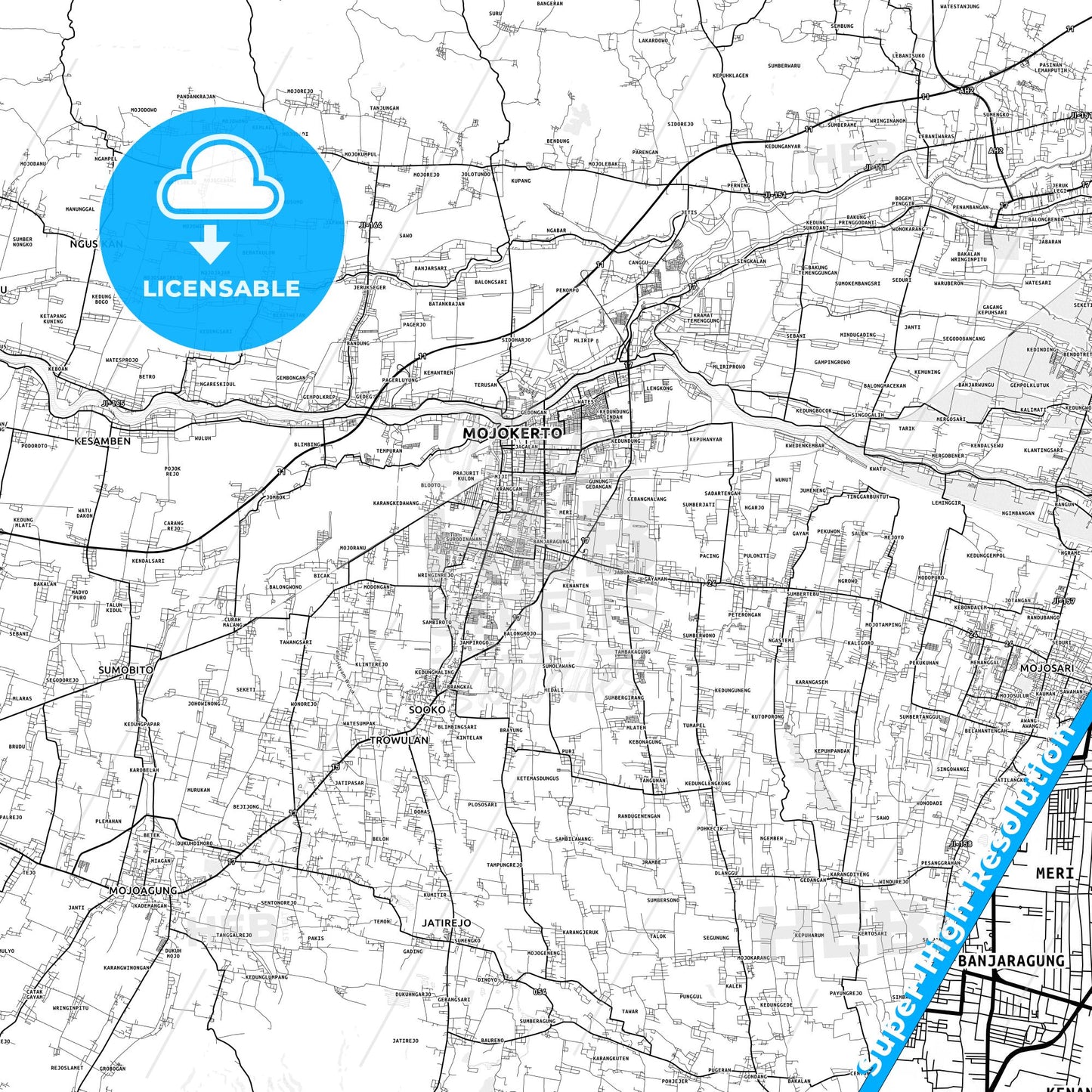 Mojokerto, Indonesia light map with streetnames, citynames and districts