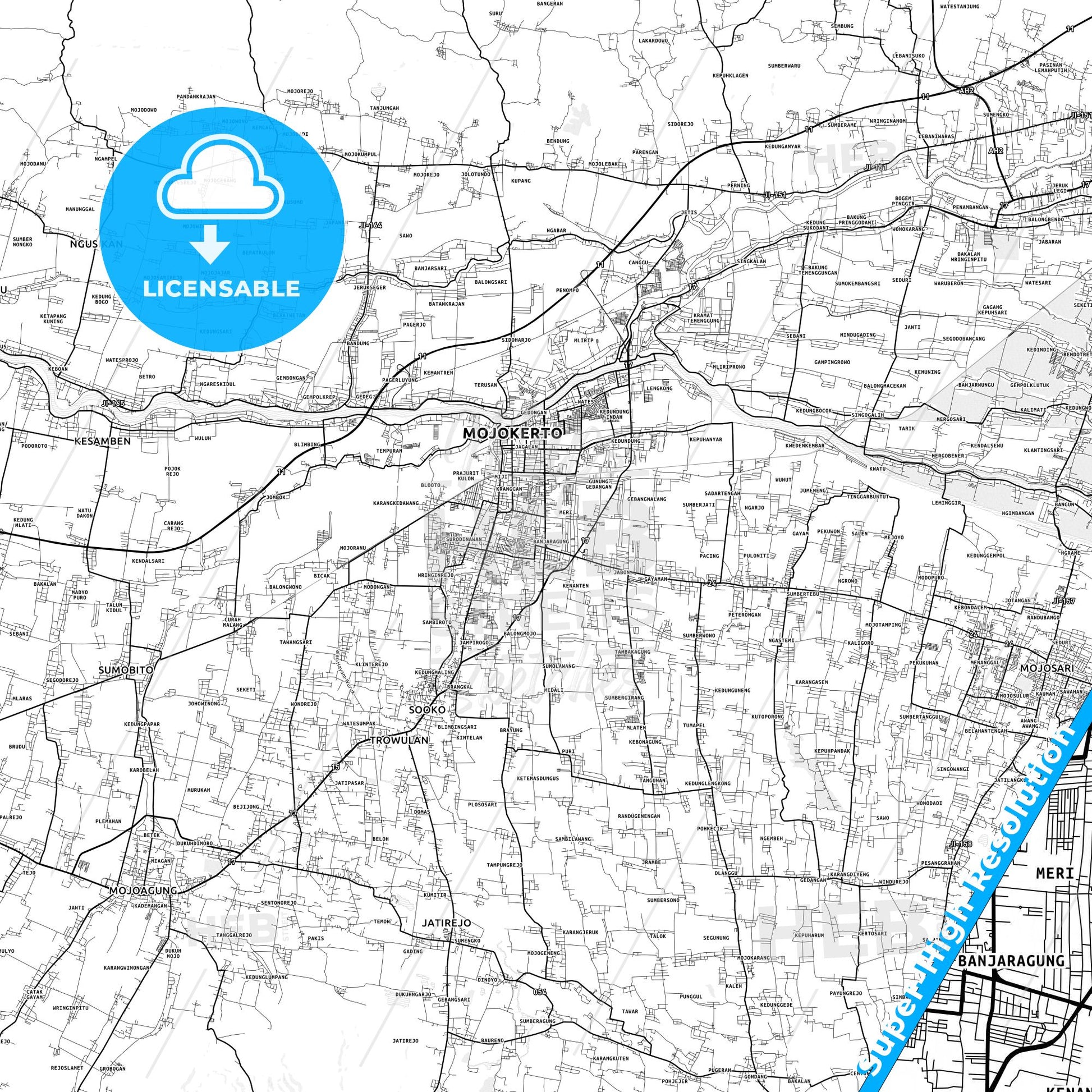 Mojokerto, Indonesia light map with streetnames, citynames and districts