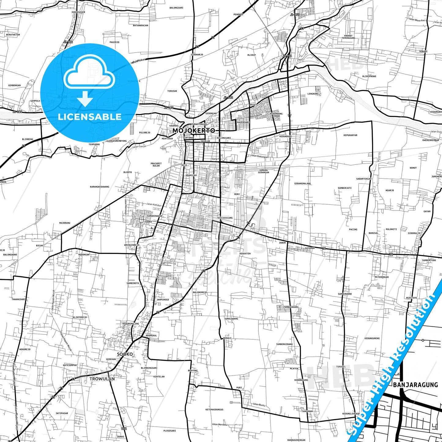 Mojokerto, Indonesia Light Map with Street Names, City Names, and Districts