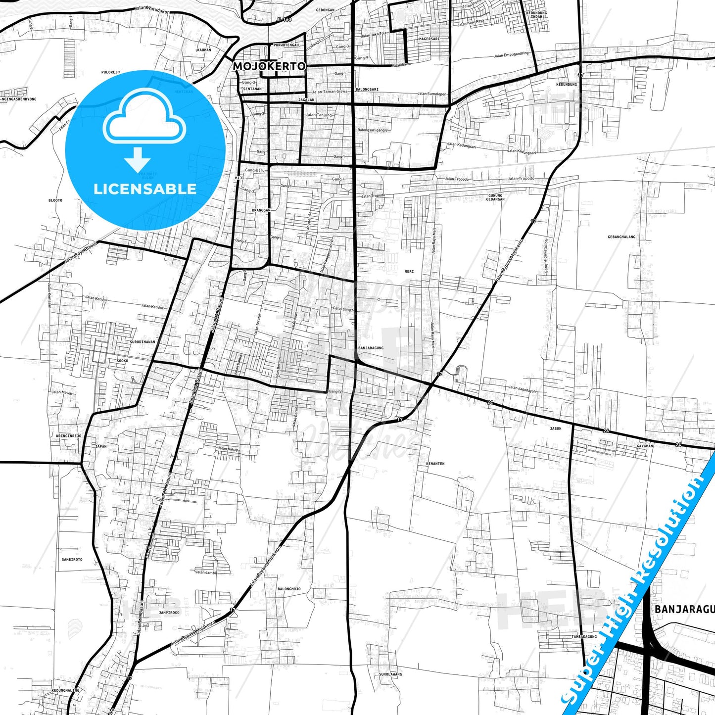 Mojokerto, Indonesia Light Map with Street Names, City Names, and Districts