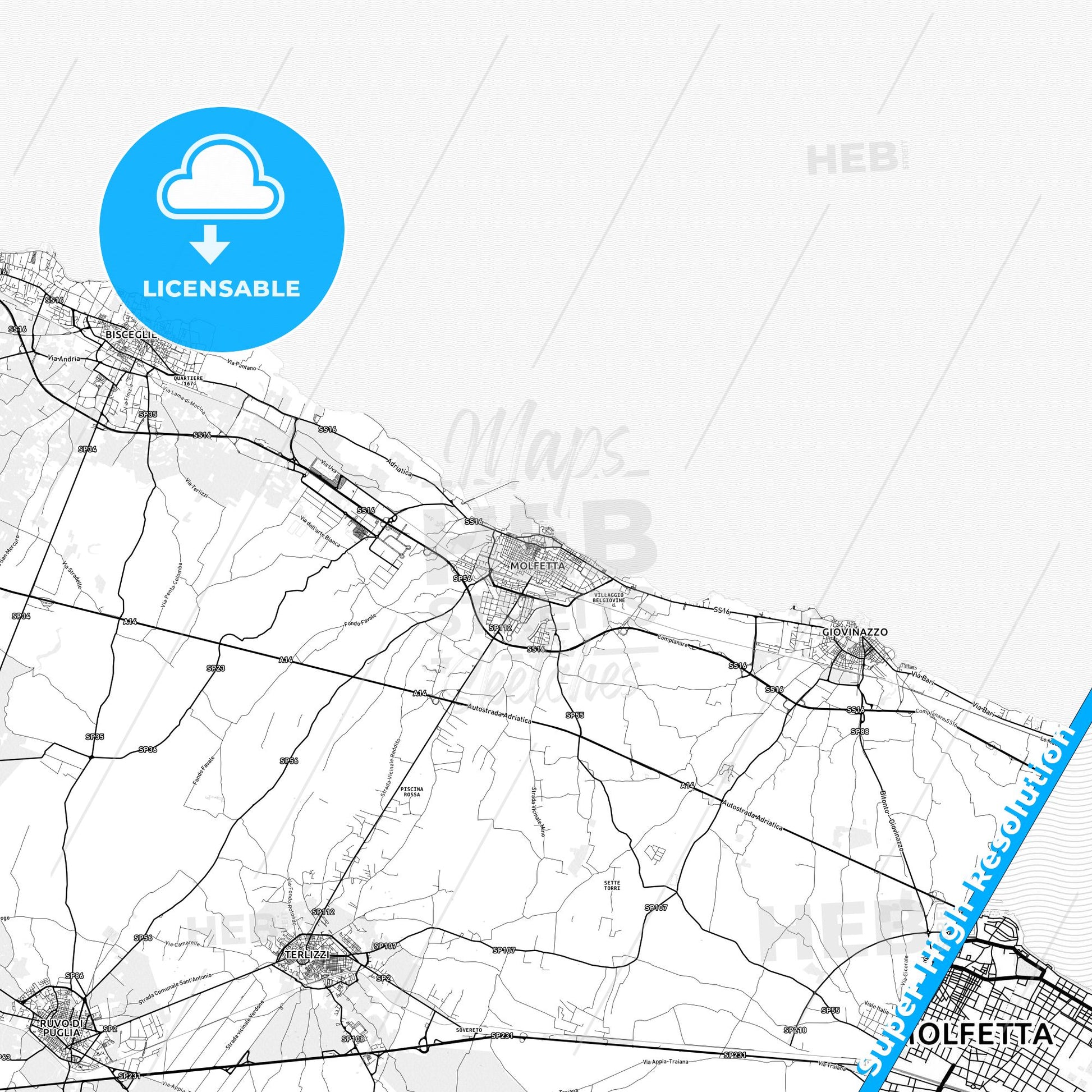 Molfetta, Italy light map with streetnames, citynames and districts