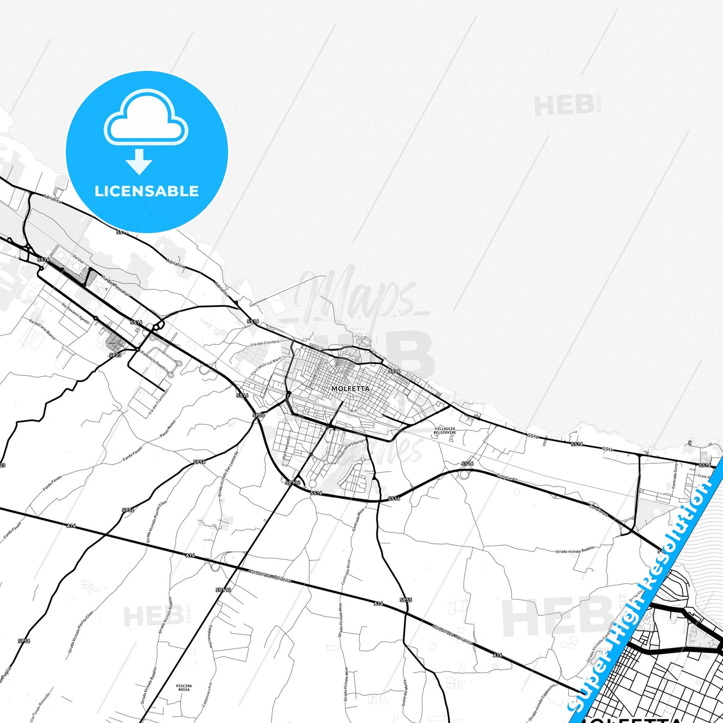 Molfetta, Italy Light Map with Street Names, City Names, and Districts