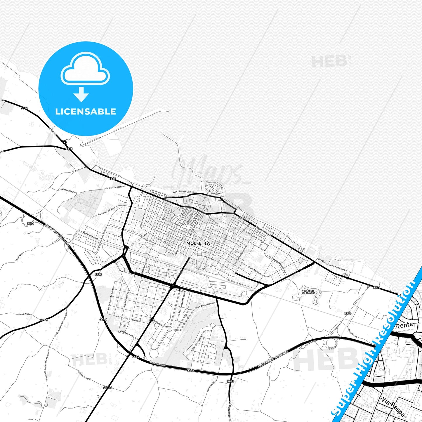 Molfetta, Italy Light Map with Street Names, City Names, and Districts