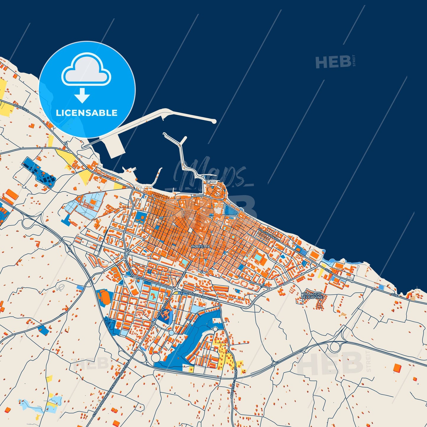 Colorful Molfetta Street Map with Labels and Buildings