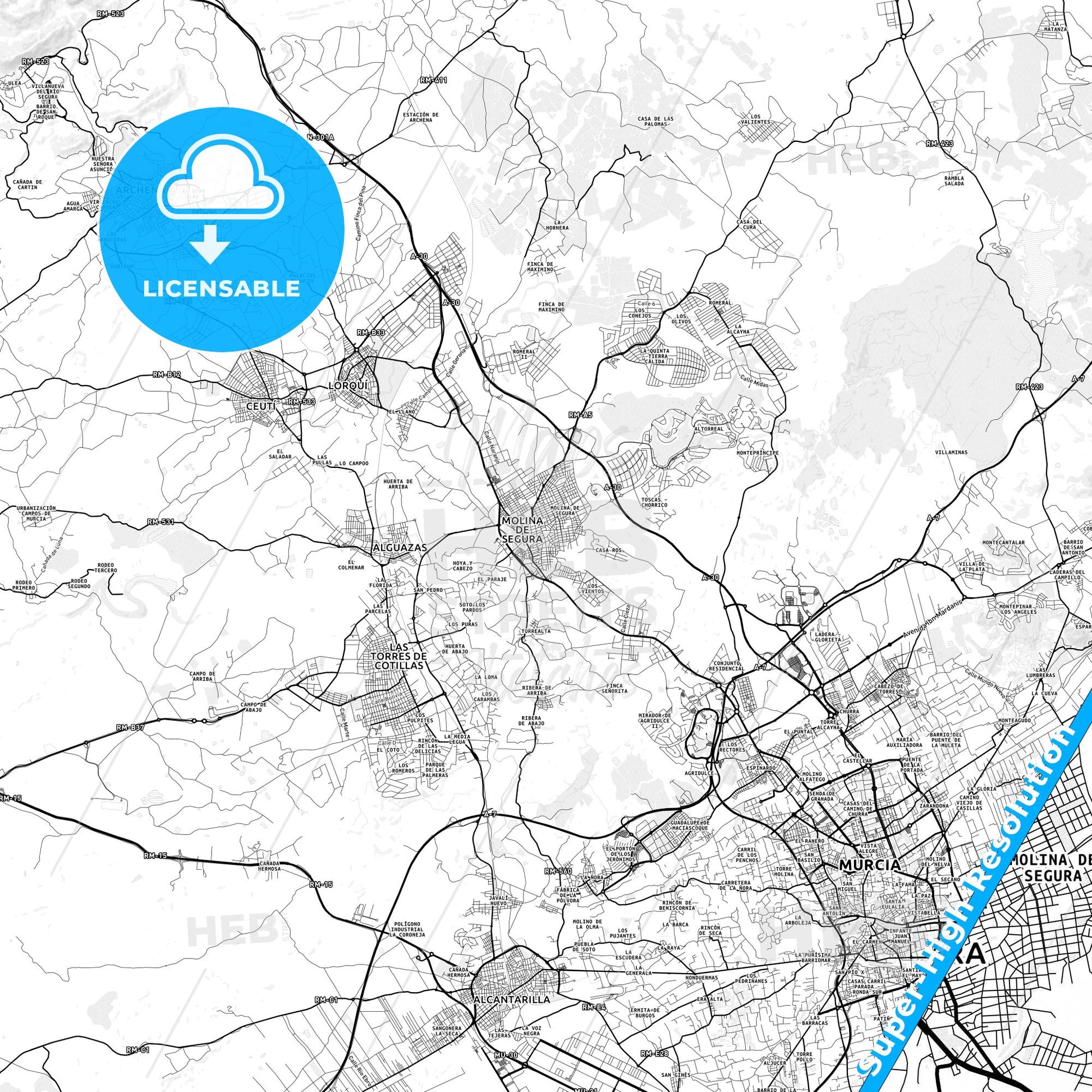 Molina de Segura, Spain light map with streetnames, citynames and districts