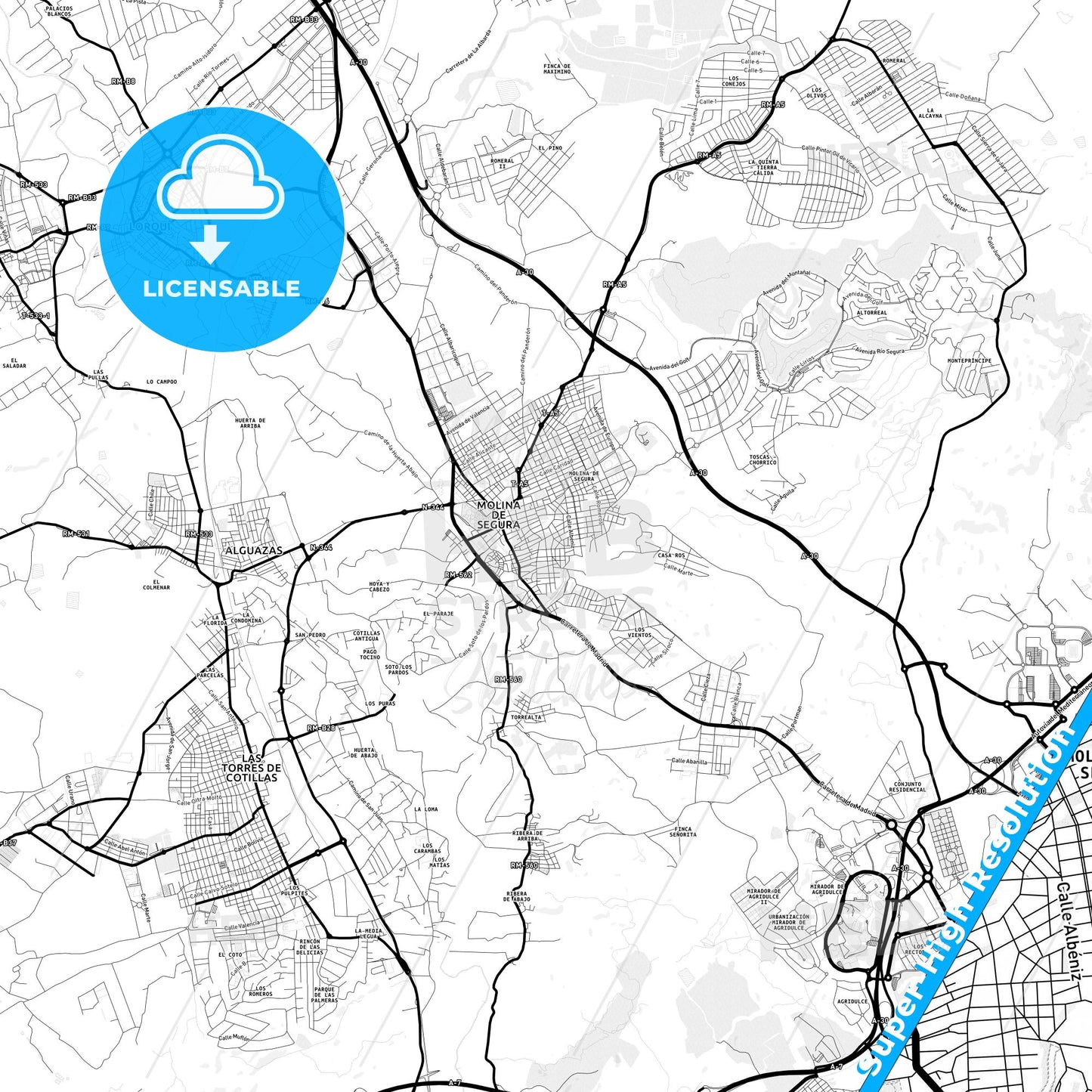 Molina de Segura, Spain Light Map with Street Names, City Names, and Districts