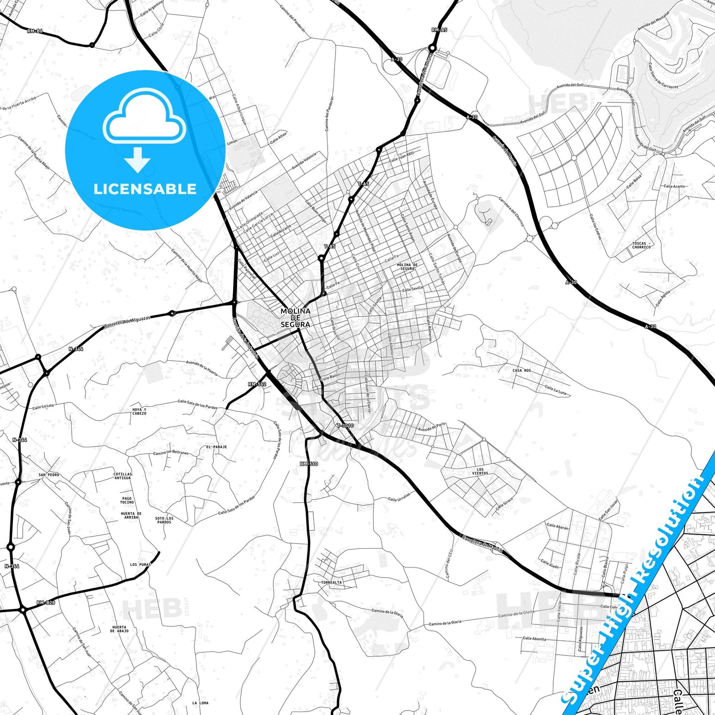 Molina de Segura, Spain Light Map with Street Names, City Names, and Districts