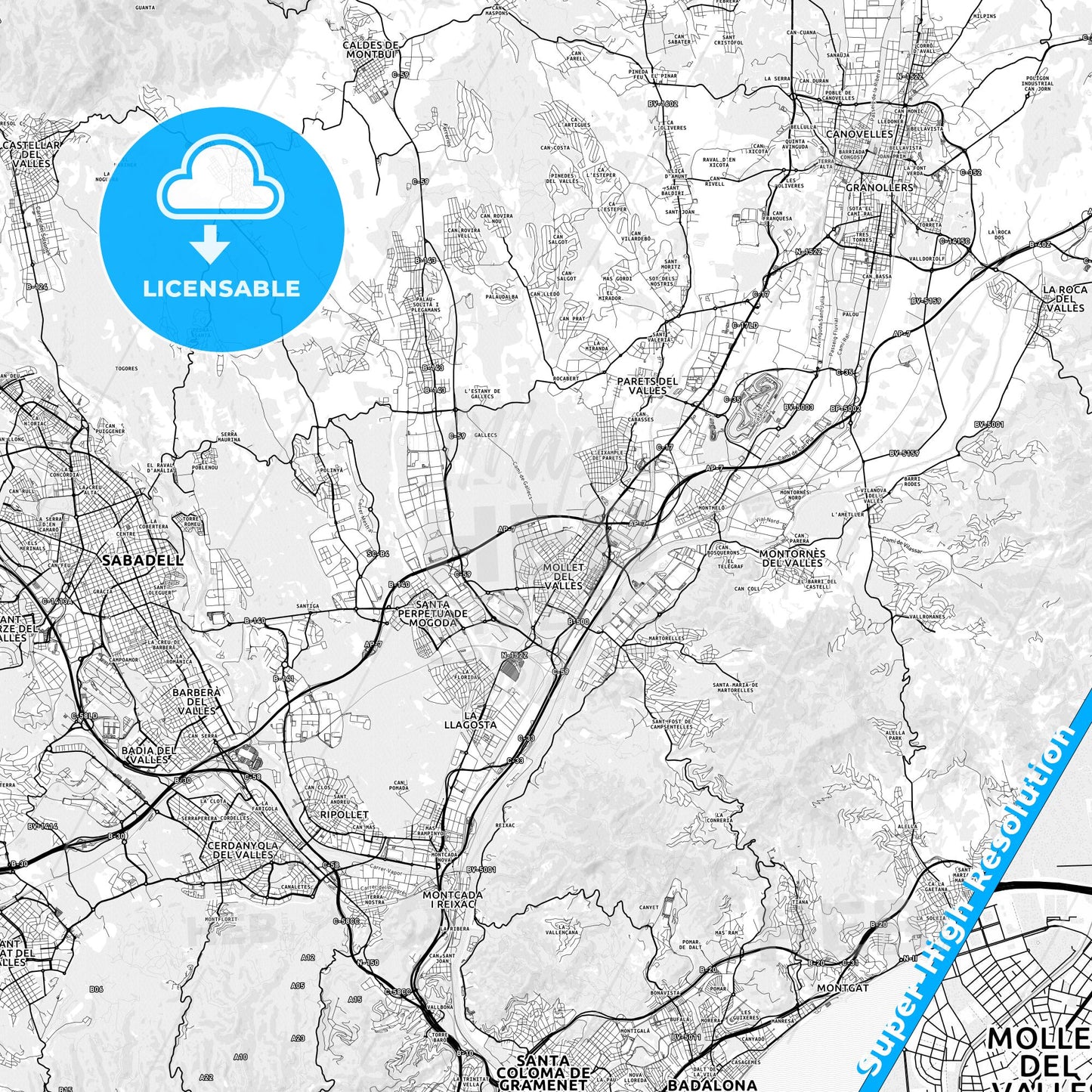 Mollet del Vallès, Spain light map with streetnames, citynames and districts