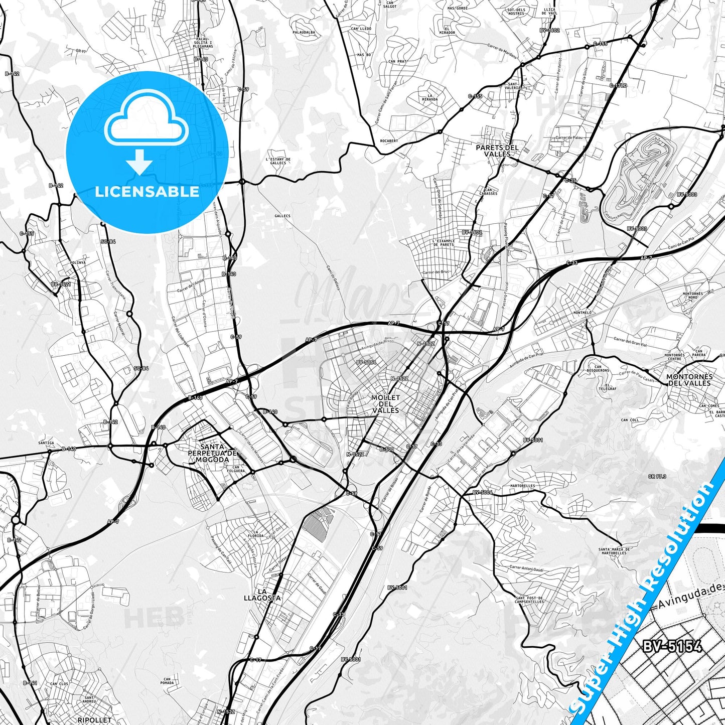 Mollet del Vallès, Spain Light Map with Street Names, City Names, and Districts