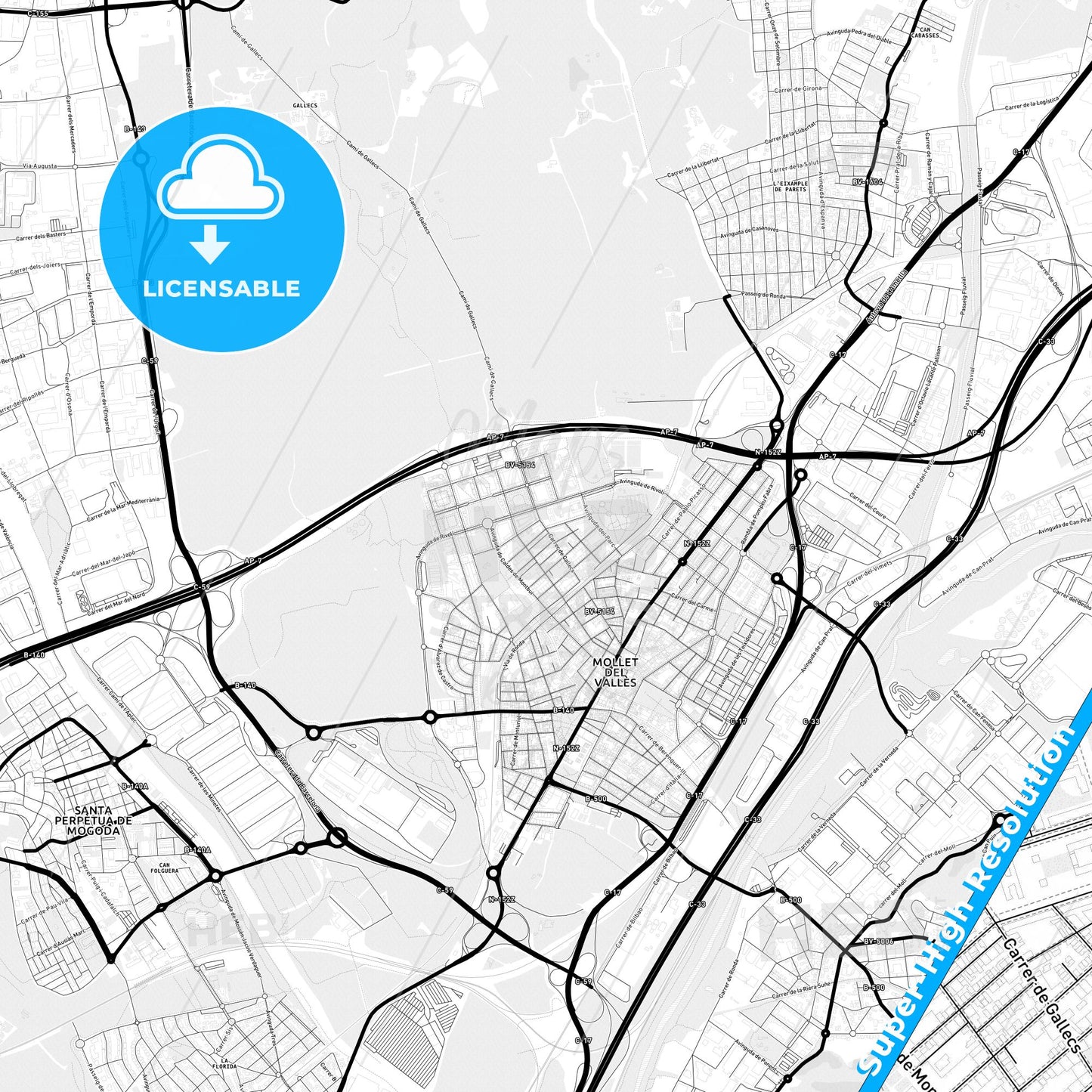 Mollet del Vallès, Spain Light Map with Street Names, City Names, and Districts