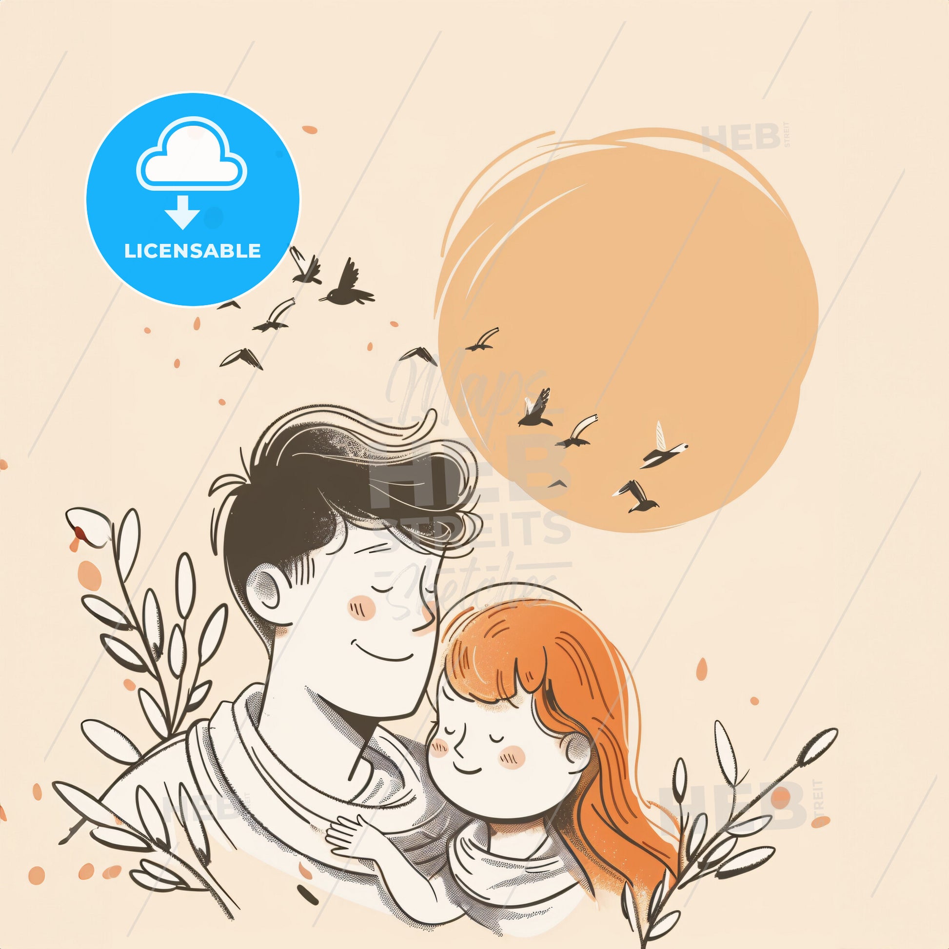 Mom Is Singing To A Baby - A Man And A Girl With Birds Flying Around Them