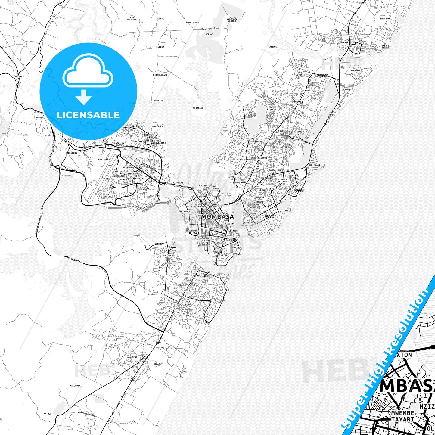 Mombasa, Kenya light map with streetnames, citynames and districts