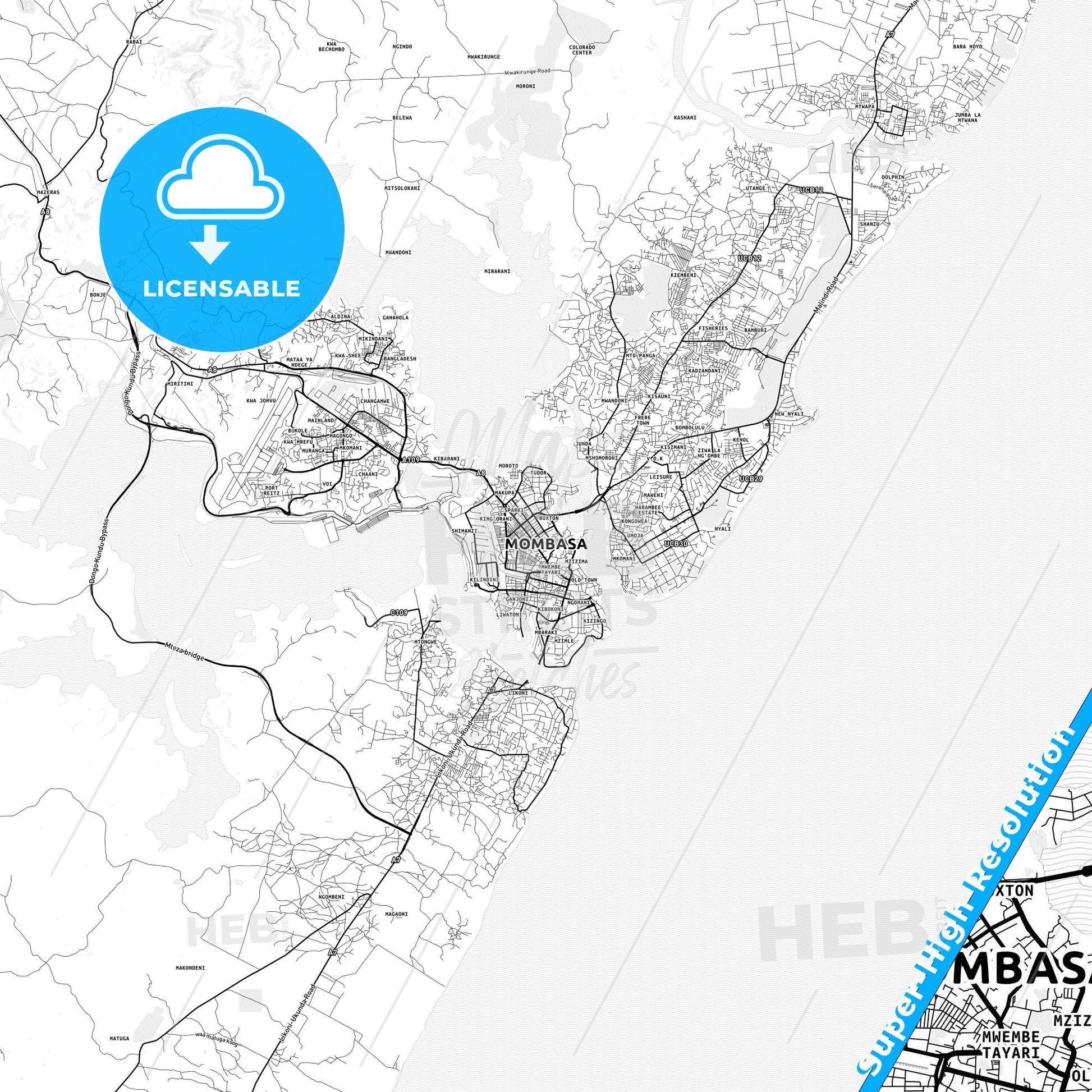 Mombasa, Kenya light map with streetnames, citynames and districts