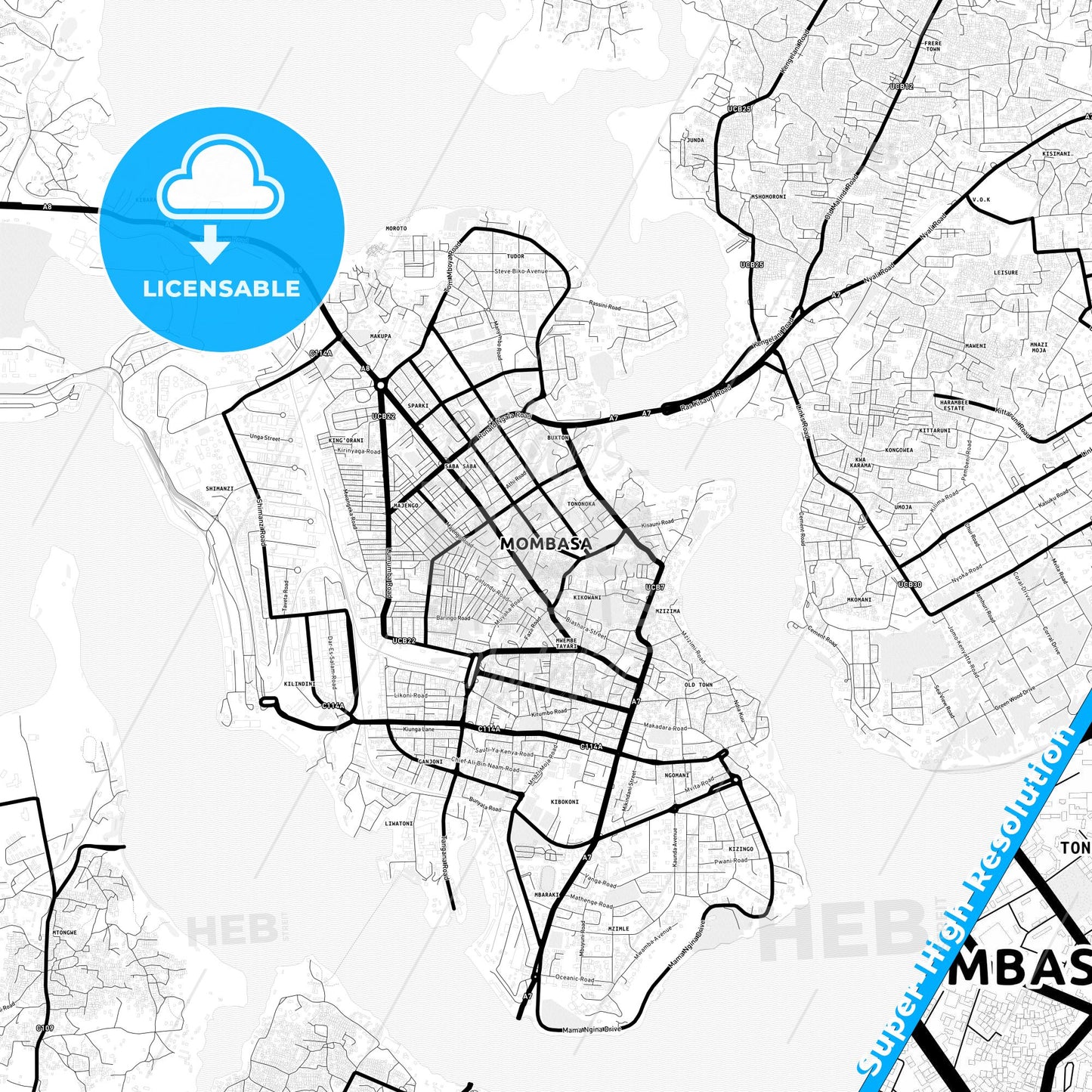 Mombasa, Kenya Light Map with Street Names, City Names, and Districts