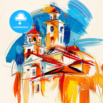 Vibrant Mombasa, Kenya - A Painting Of A Skyline With A Colorful Building