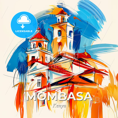 Vibrant Mombasa, Kenya - A Painting Of A Skyline With A Colorful Building - Square format print template