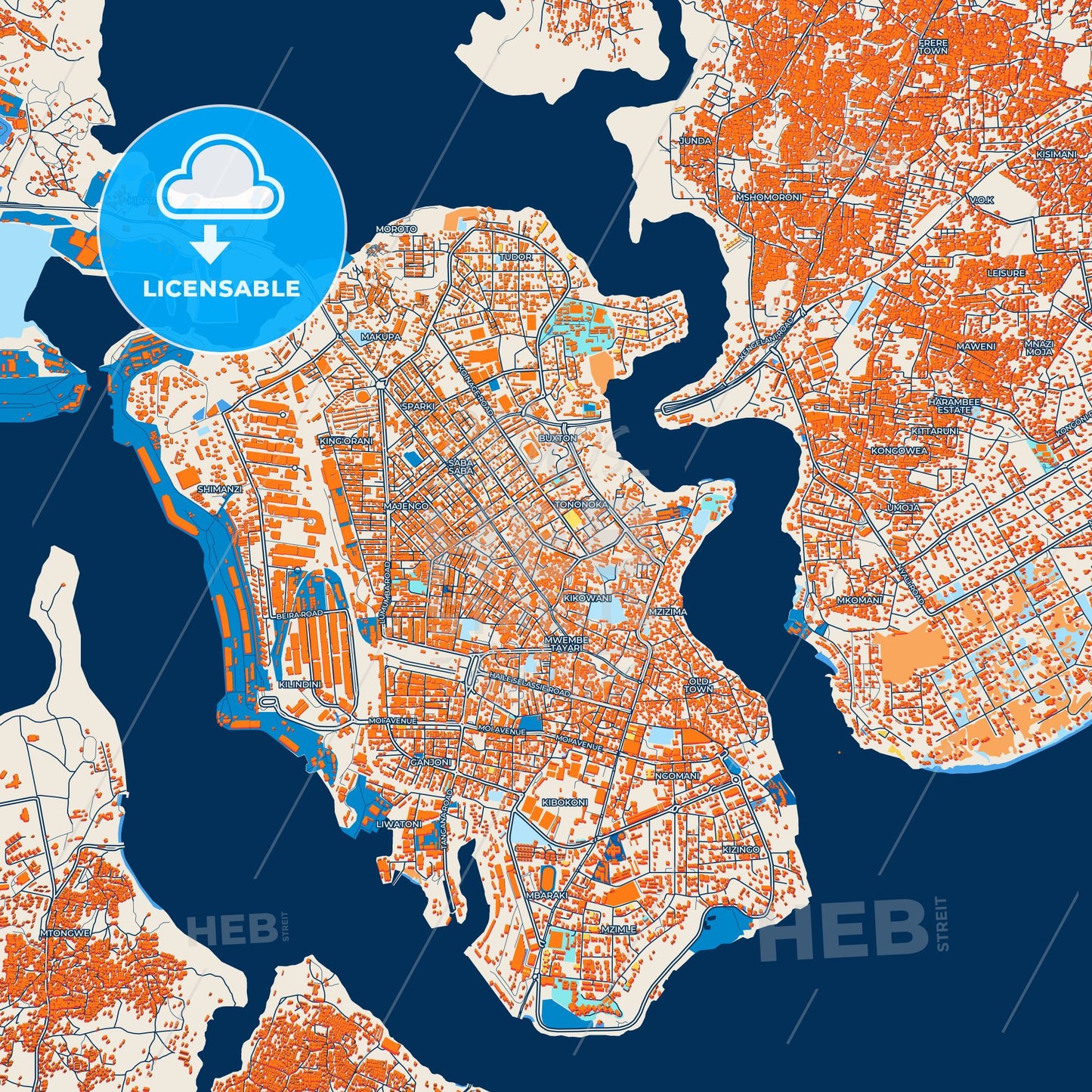 Colorful Mombasa Street Map with Labels and Buildings