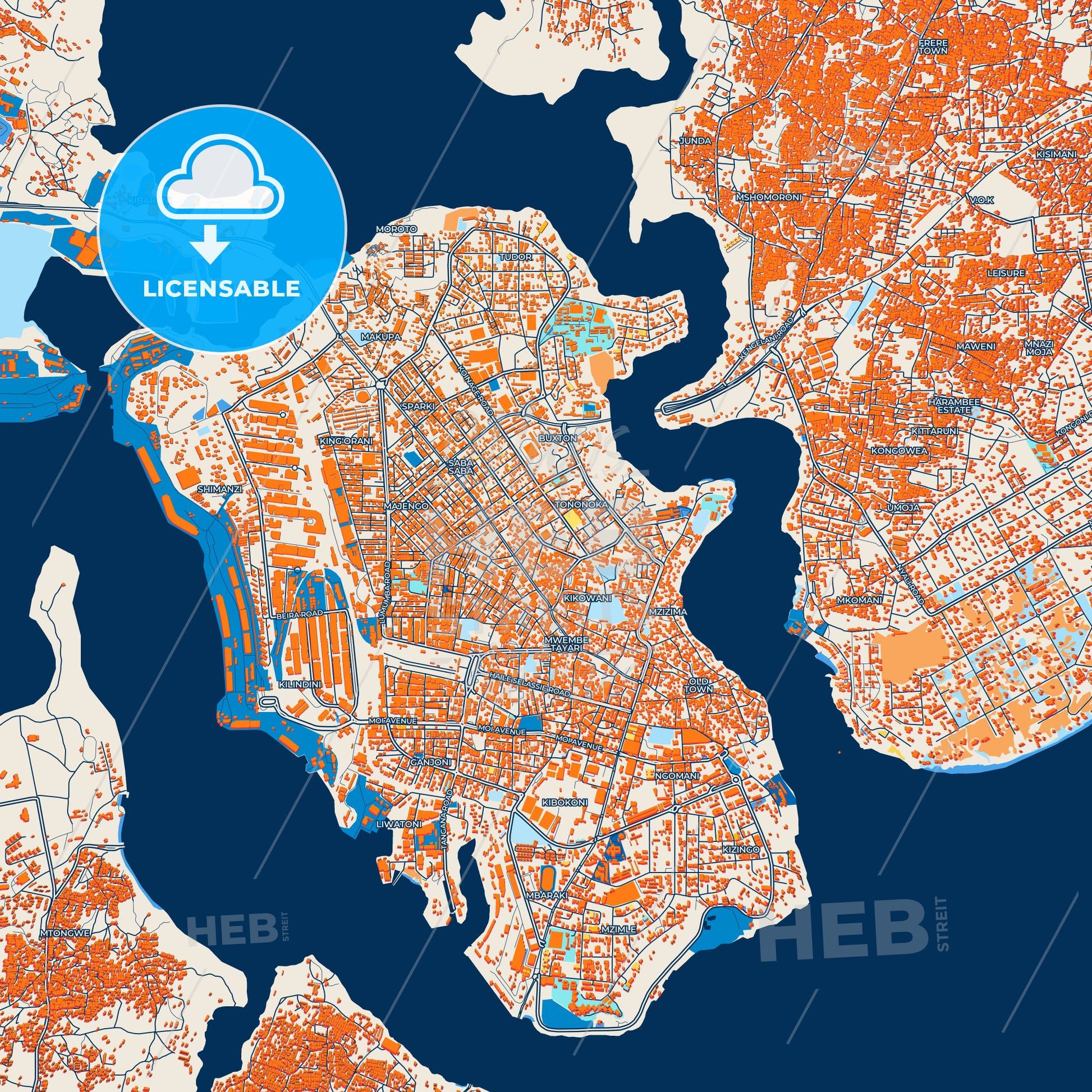 Colorful Mombasa Street Map with Labels and Buildings