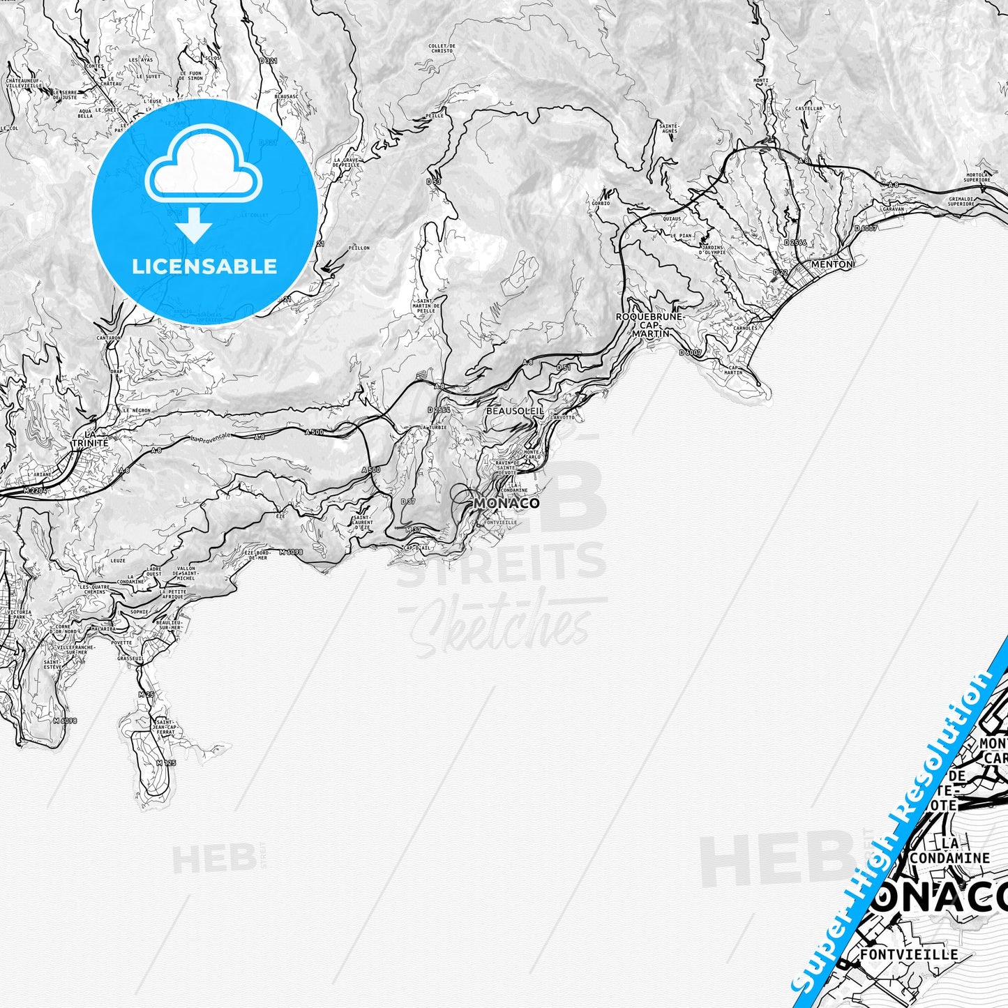 Monaco-Ville, Monaco light map with streetnames, citynames and districts