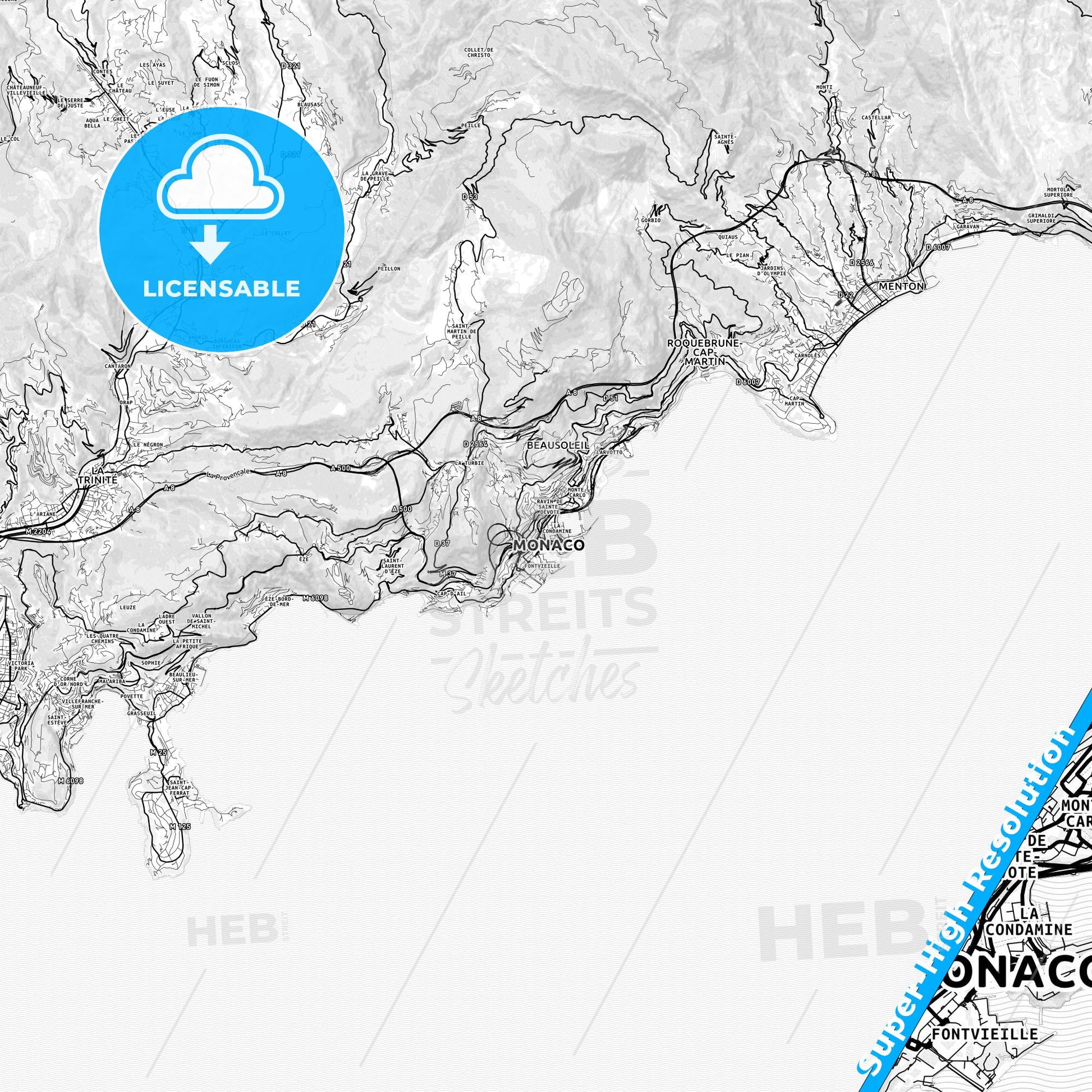 Monaco-Ville, Monaco light map with streetnames, citynames and districts