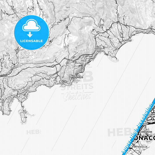 Monaco-Ville, Monaco light map with streetnames, citynames and districts