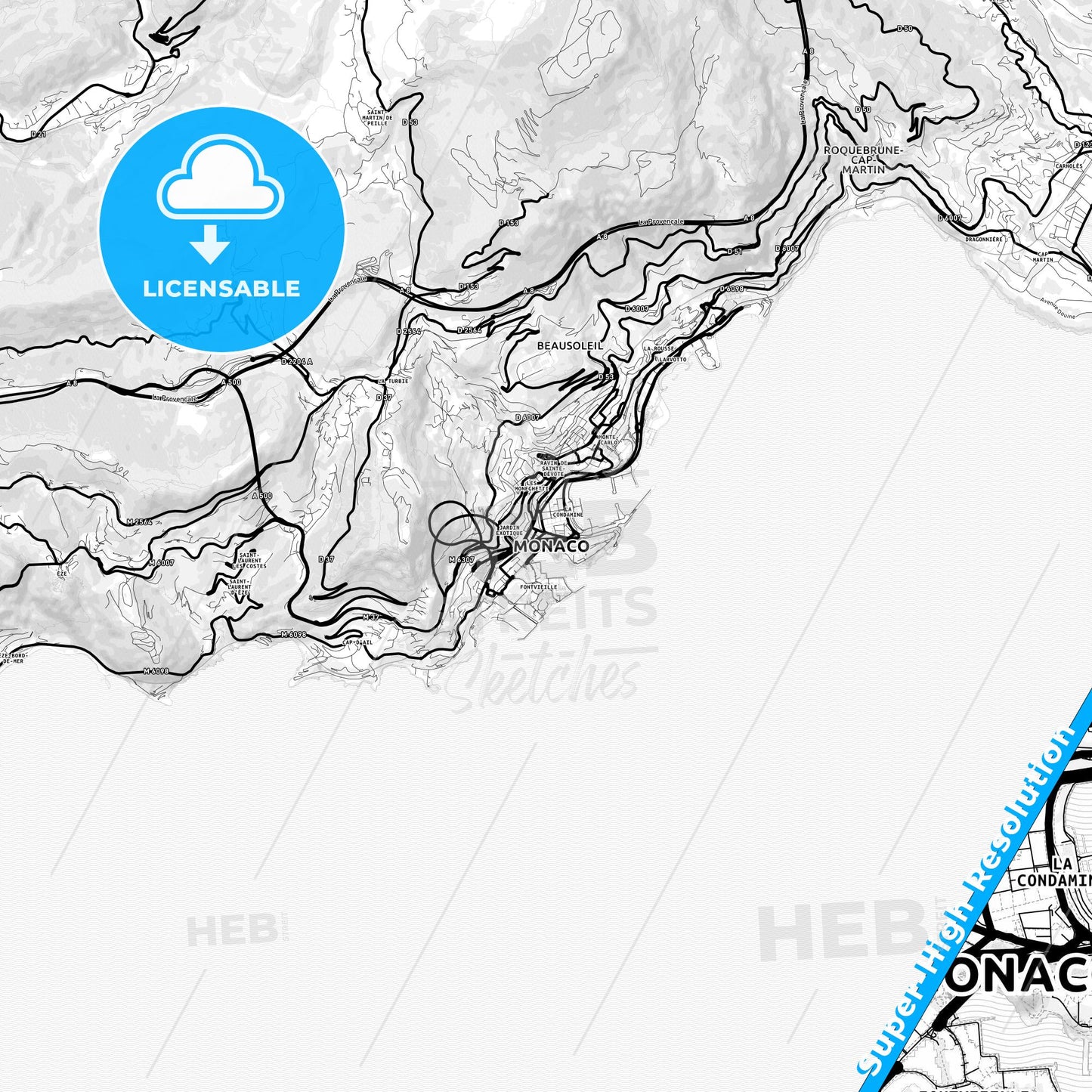 Monaco-Ville, Monaco Light Map with Street Names, City Names, and Districts