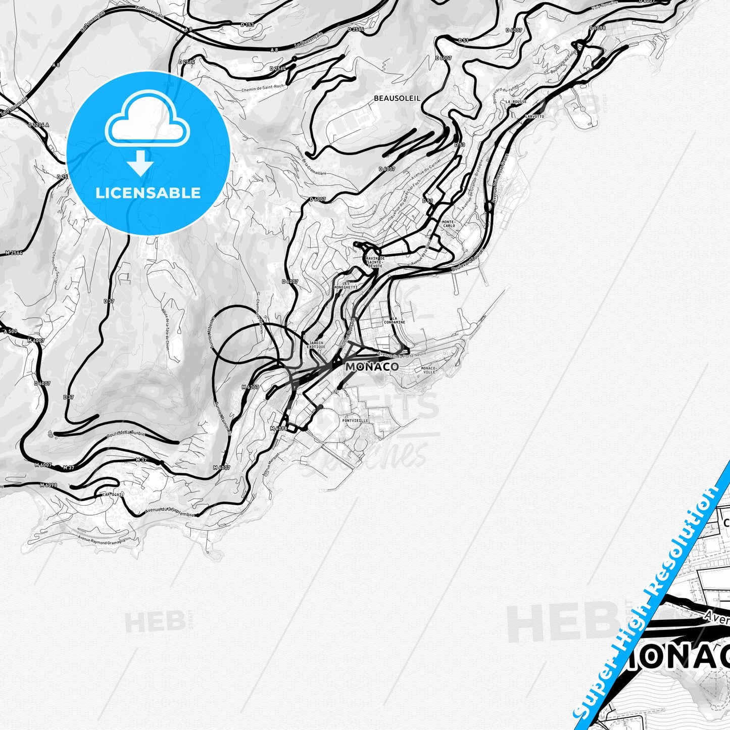Monaco-Ville, Monaco Light Map with Street Names, City Names, and Districts